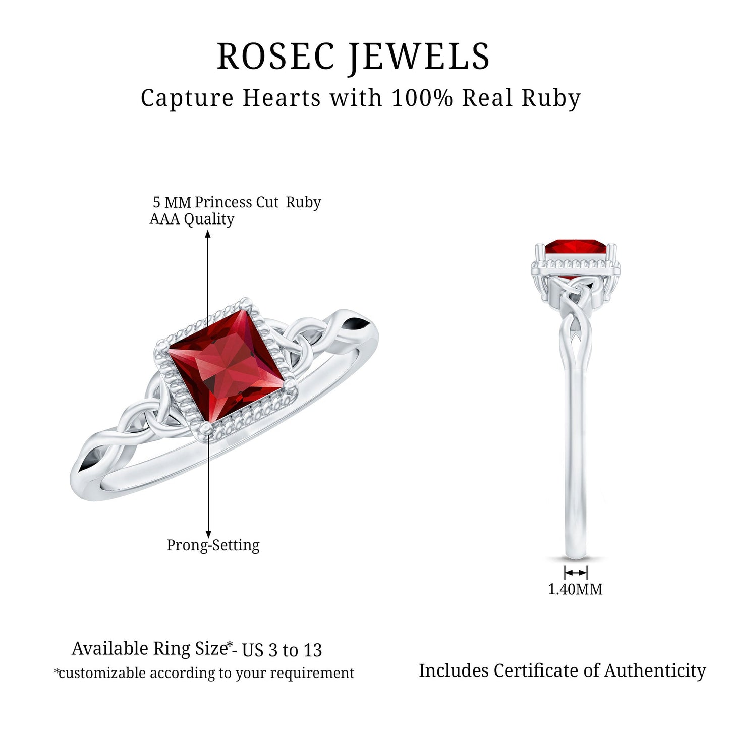 Natural 0.8 Carat Princess Cut Ruby Promise Ring with Celtic Knot