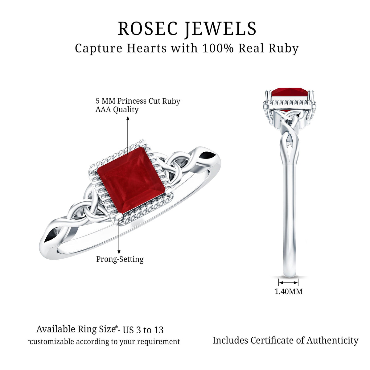 Natural 0.8 Carat Princess Cut Ruby Promise Ring with Celtic Knot