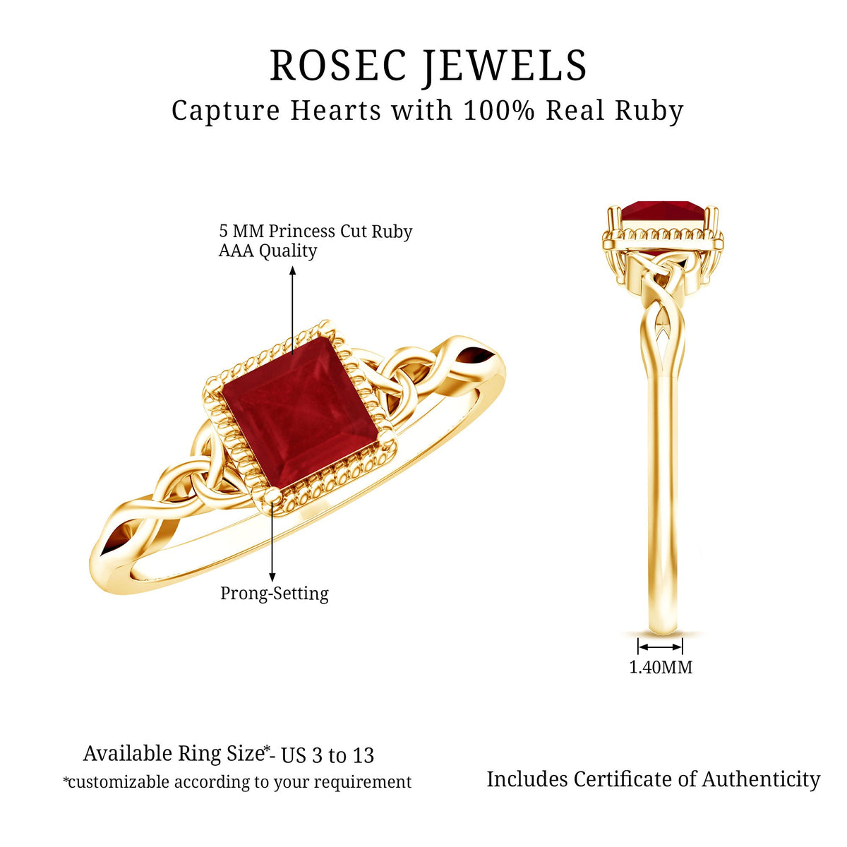 Natural 0.8 Carat Princess Cut Ruby Promise Ring with Celtic Knot