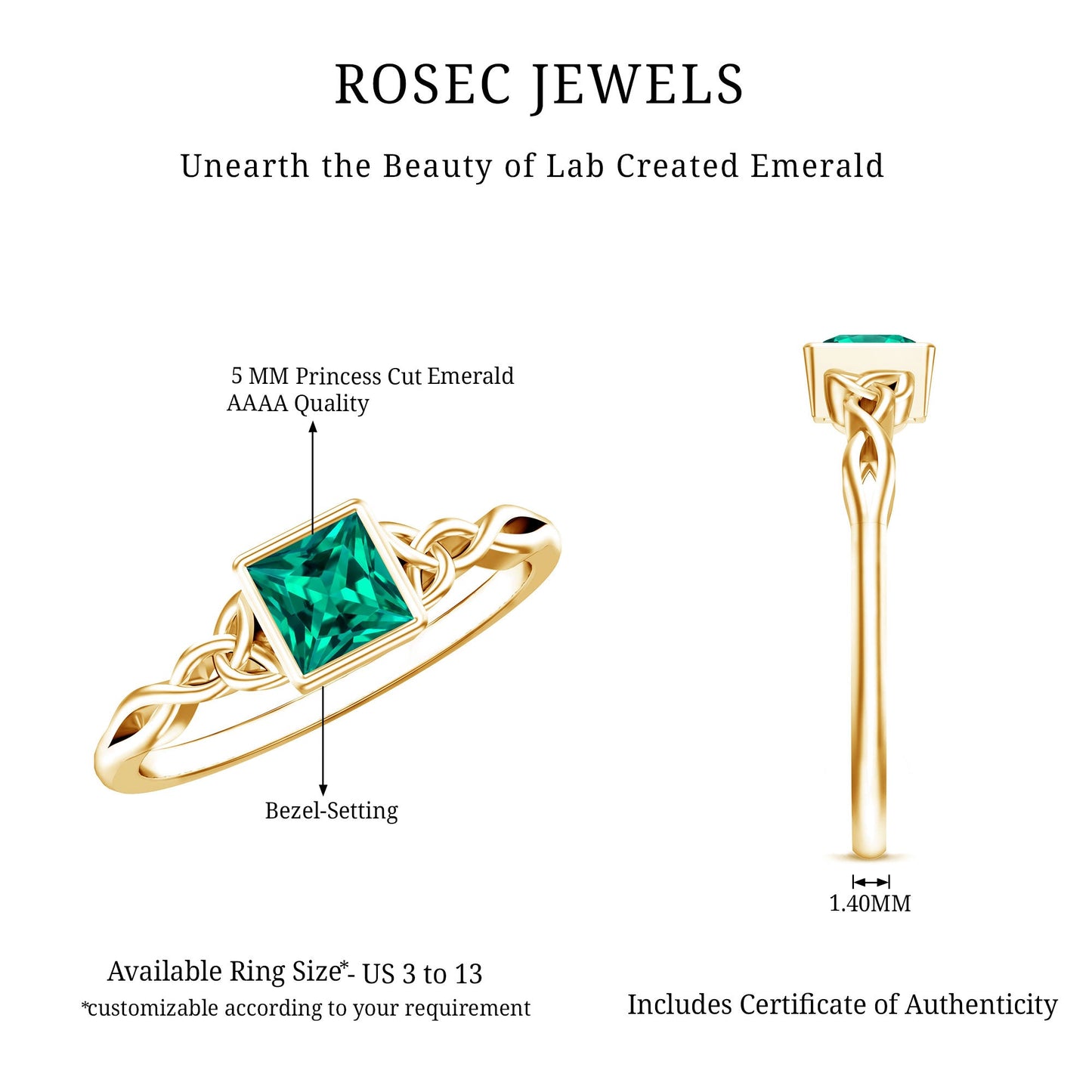 Certified Princess Cut Lab Grown Emerald Celtic Promise Ring