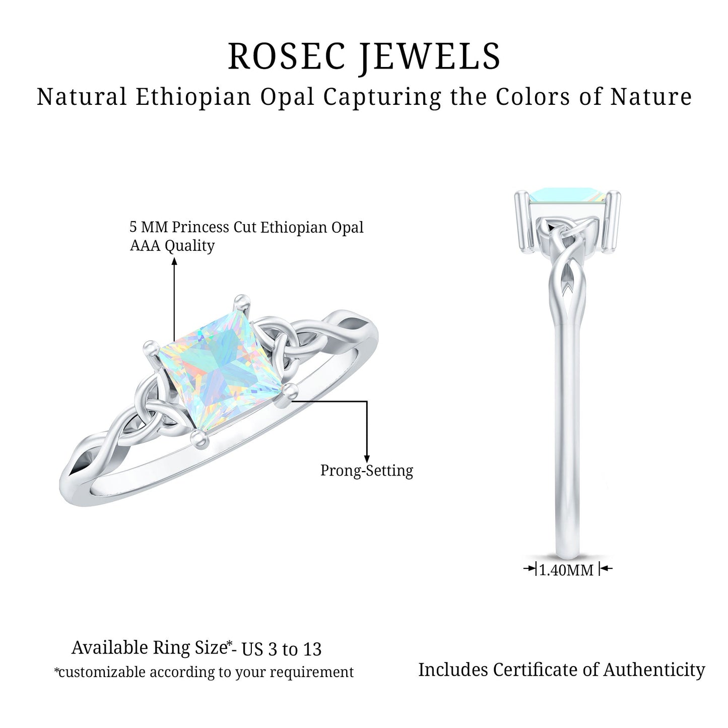 Genuine Princess Cut Ethiopian Opal Promise Ring with Celtic Knot