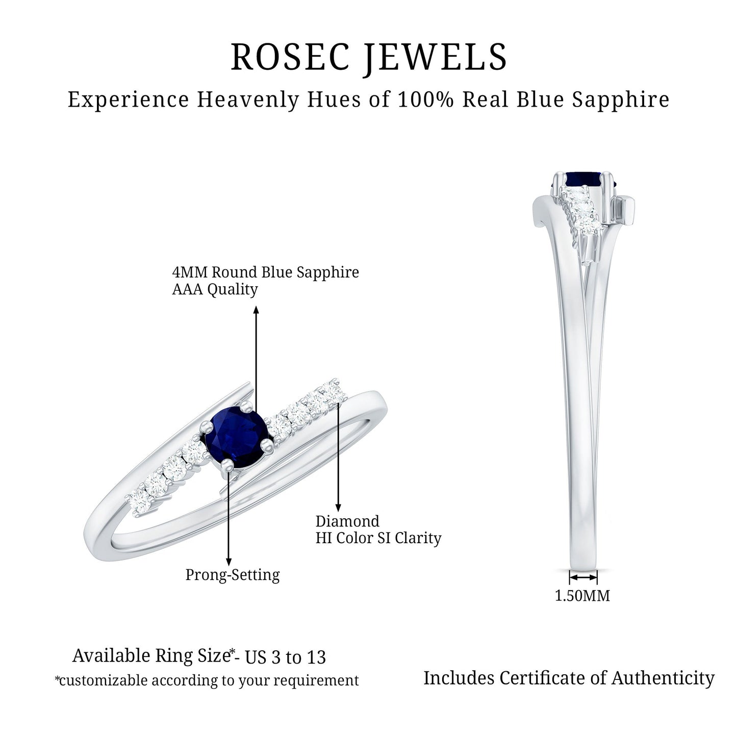 Real Blue Sapphire Promise Ring with Diamond Bypass Shank