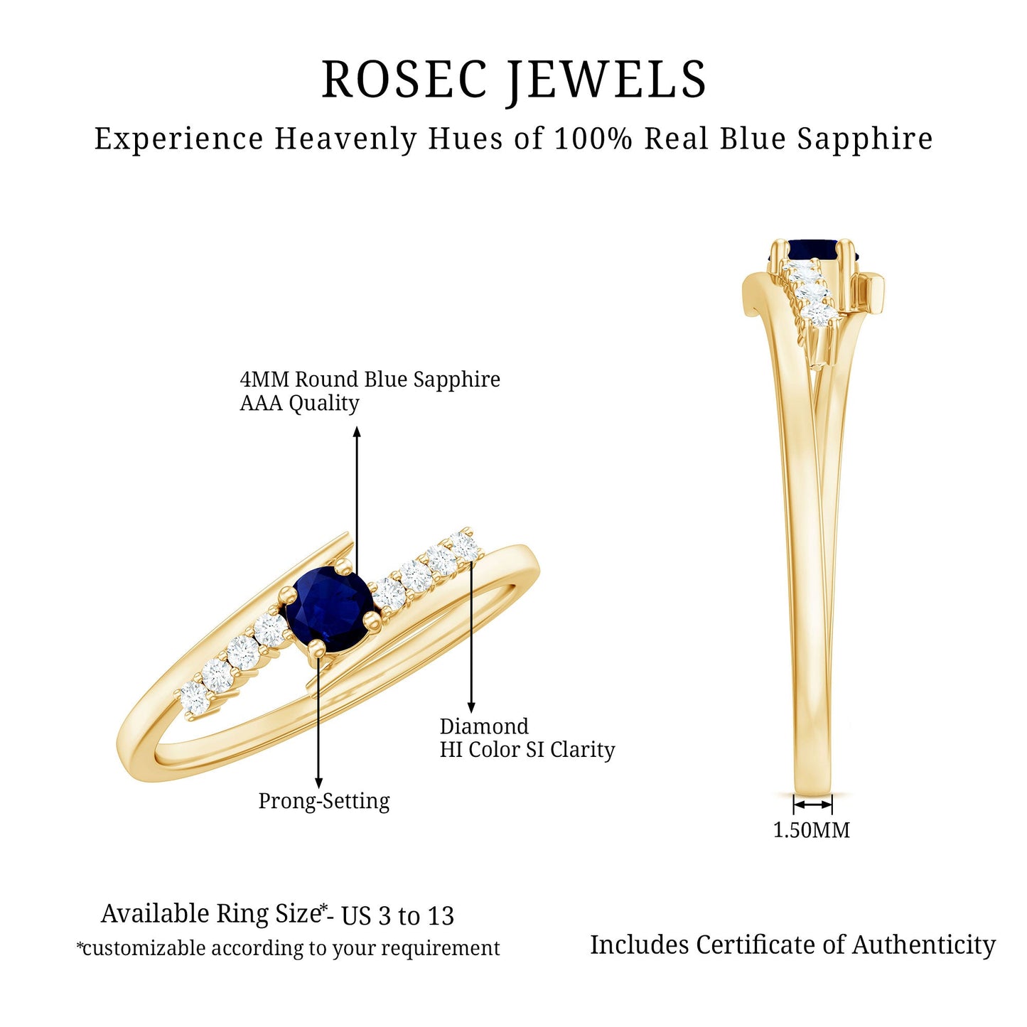 Real Blue Sapphire Promise Ring with Diamond Bypass Shank