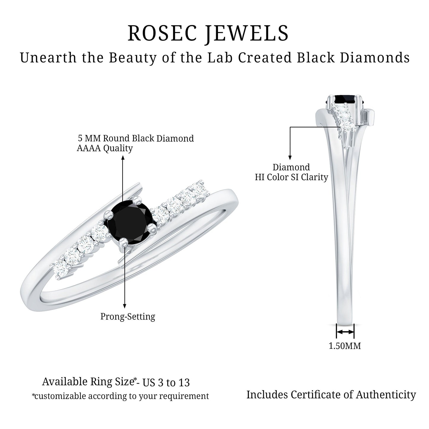 Minimal Round Created Black Diamond and Diamond Bypass Promise Ring