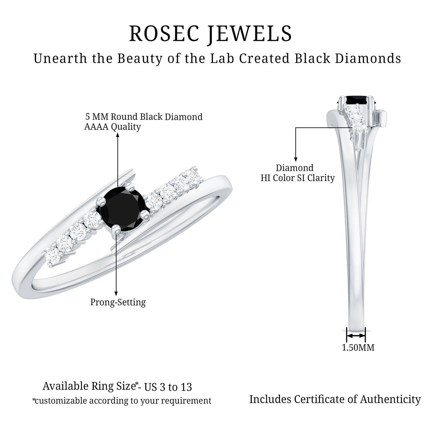 Certified Lab Grown Black and White Diamond Promise Ring with Bypass Shank