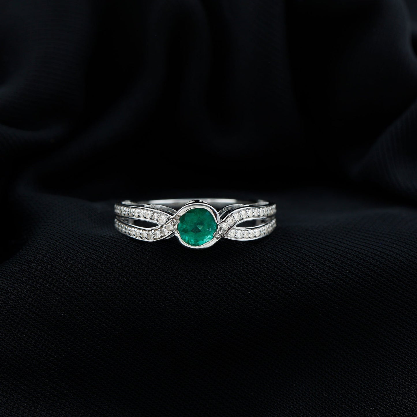 Round Cut Genuine Emerald and Diamond Designer Engagement Ring