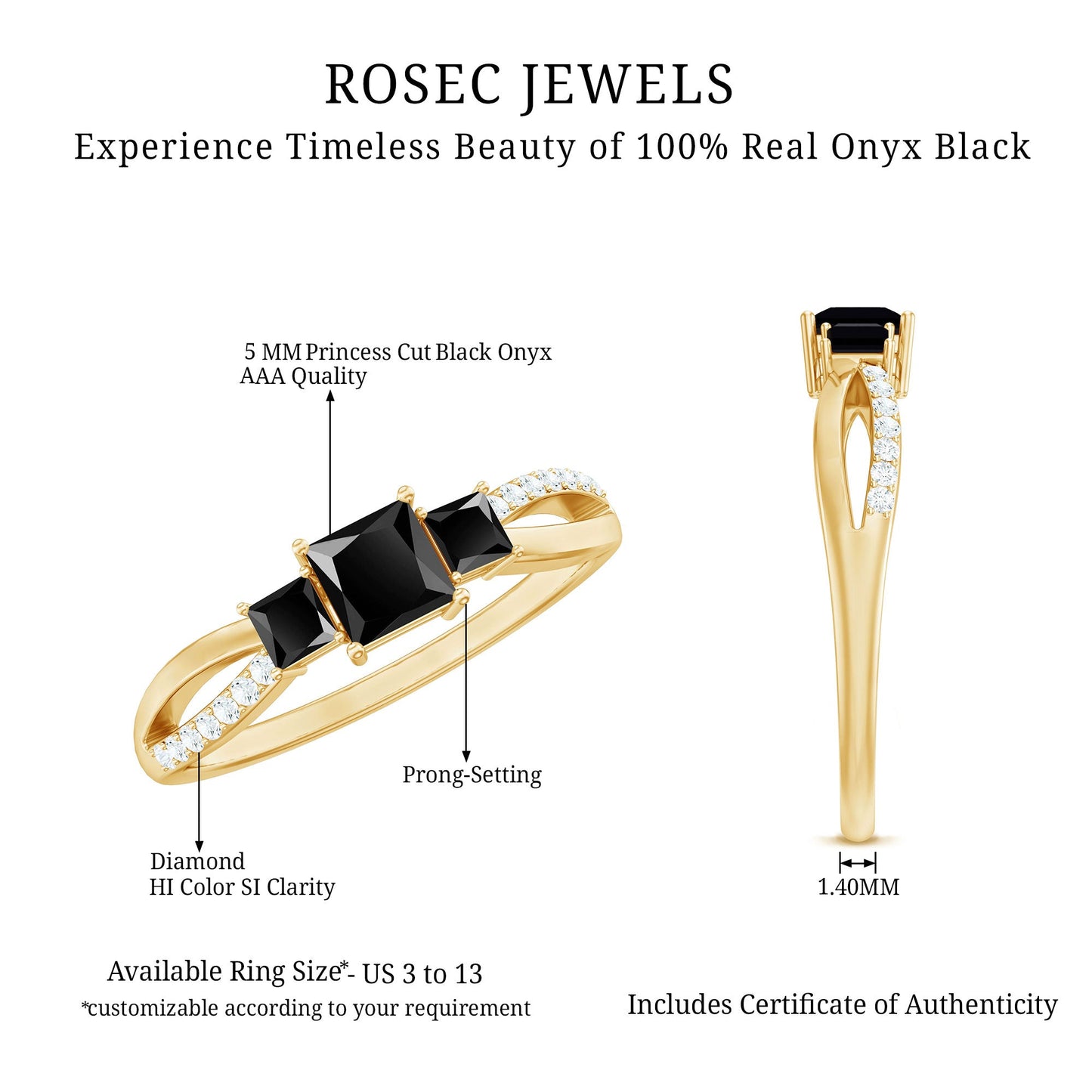 Princess Cut Black Onyx 3 Stone Promise Ring with Diamond