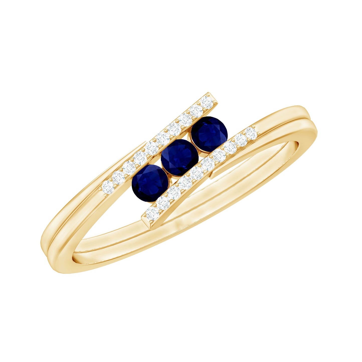 Natural Blue Sapphire 3 Stone Promise Ring with Diamond Bypass Shank