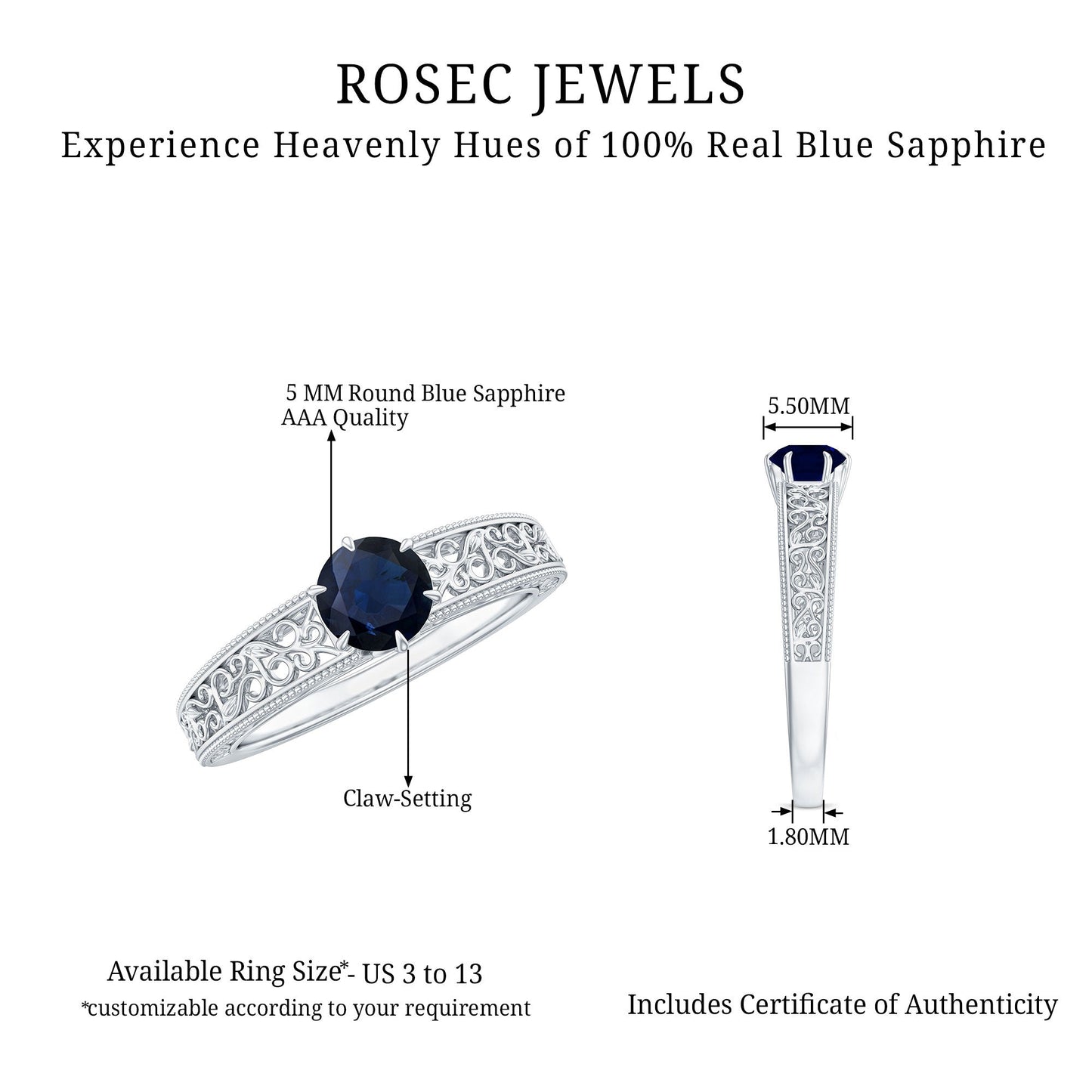 Vintage Inspired 0.9 Carat Blue Sapphire Filigree Engagement Ring for Women