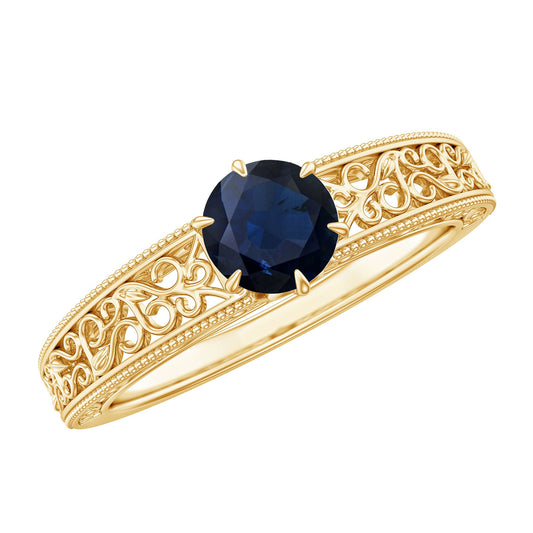 Vintage Inspired 0.9 Carat Blue Sapphire Filigree Engagement Ring for Women