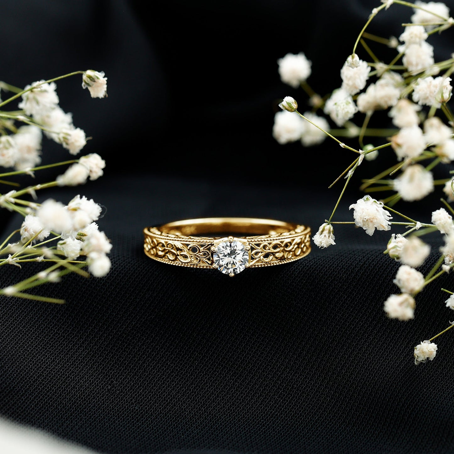 Round Cut Solitaire Moissanite Vintage Looking Engagement Ring