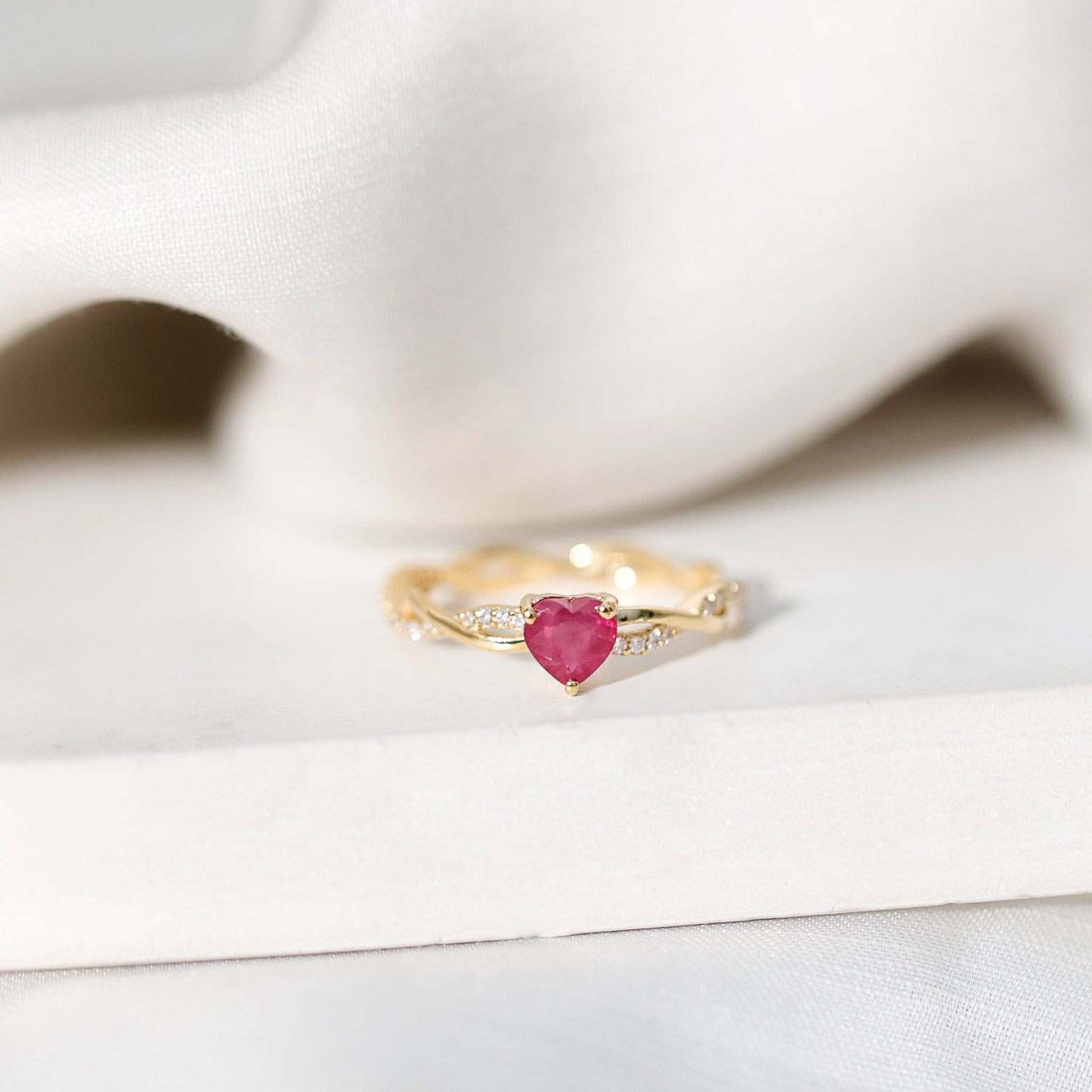 Natural 0.6 Carat Ruby Heart Engagement Ring with Diamond Braided Shank