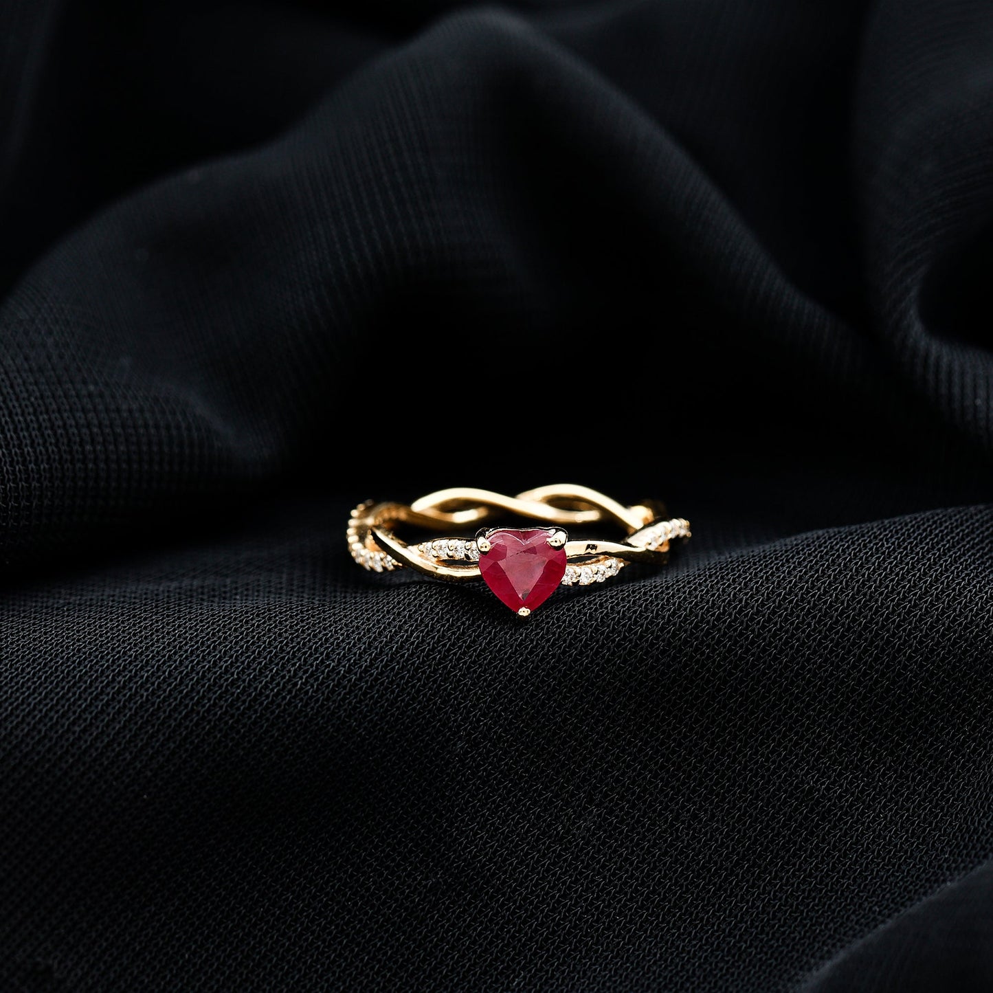 Natural 0.6 Carat Ruby Heart Engagement Ring with Diamond Braided Shank