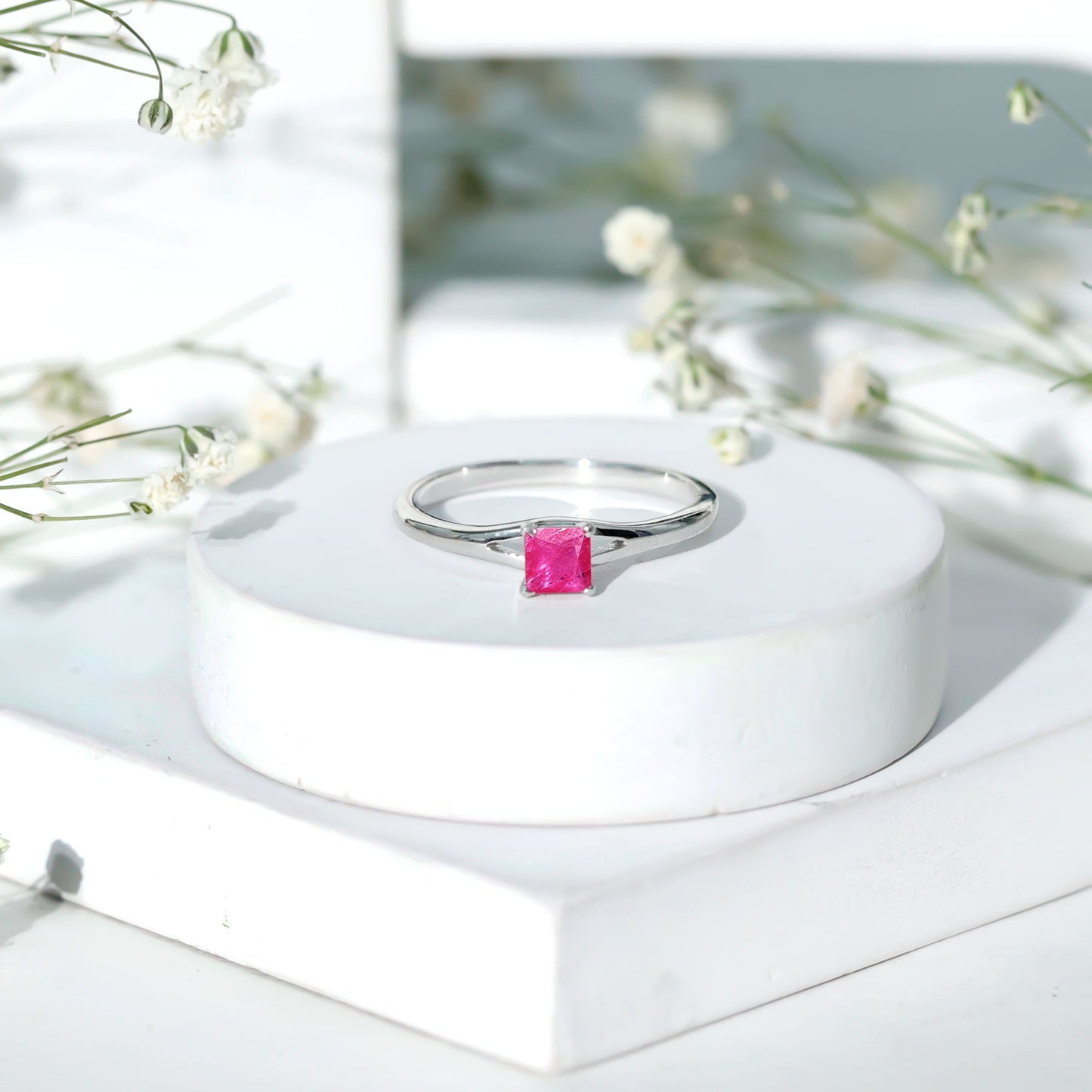 Natural Half Carat Princess Cut Ruby Promise Ring with Split Shank