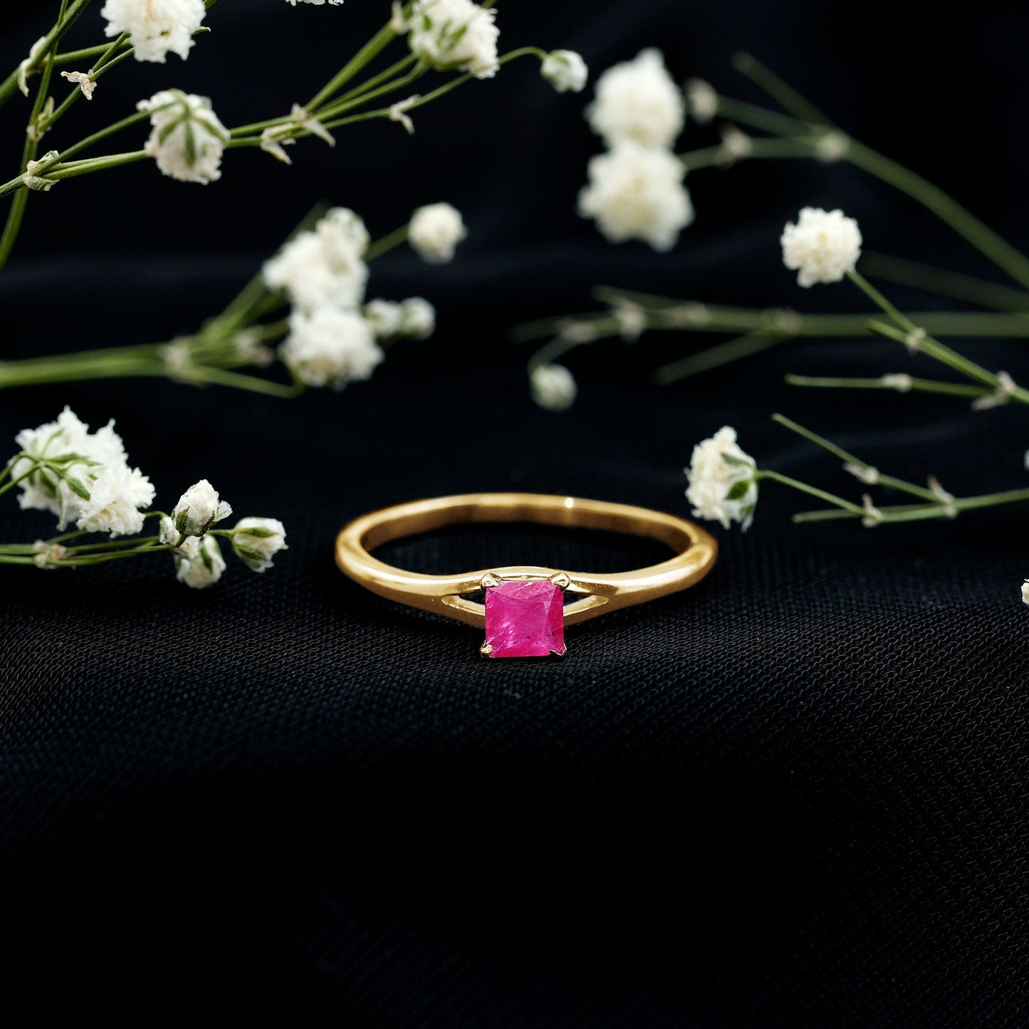 Natural Half Carat Princess Cut Ruby Promise Ring with Split Shank