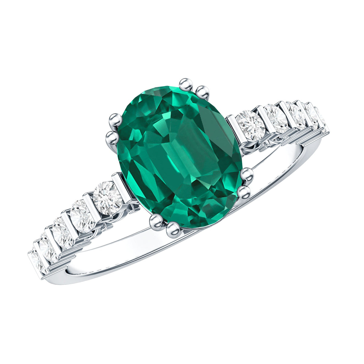 3 Carat Oval Cut Lab Created Emerald Solitaire Engagement Ring with Diamond