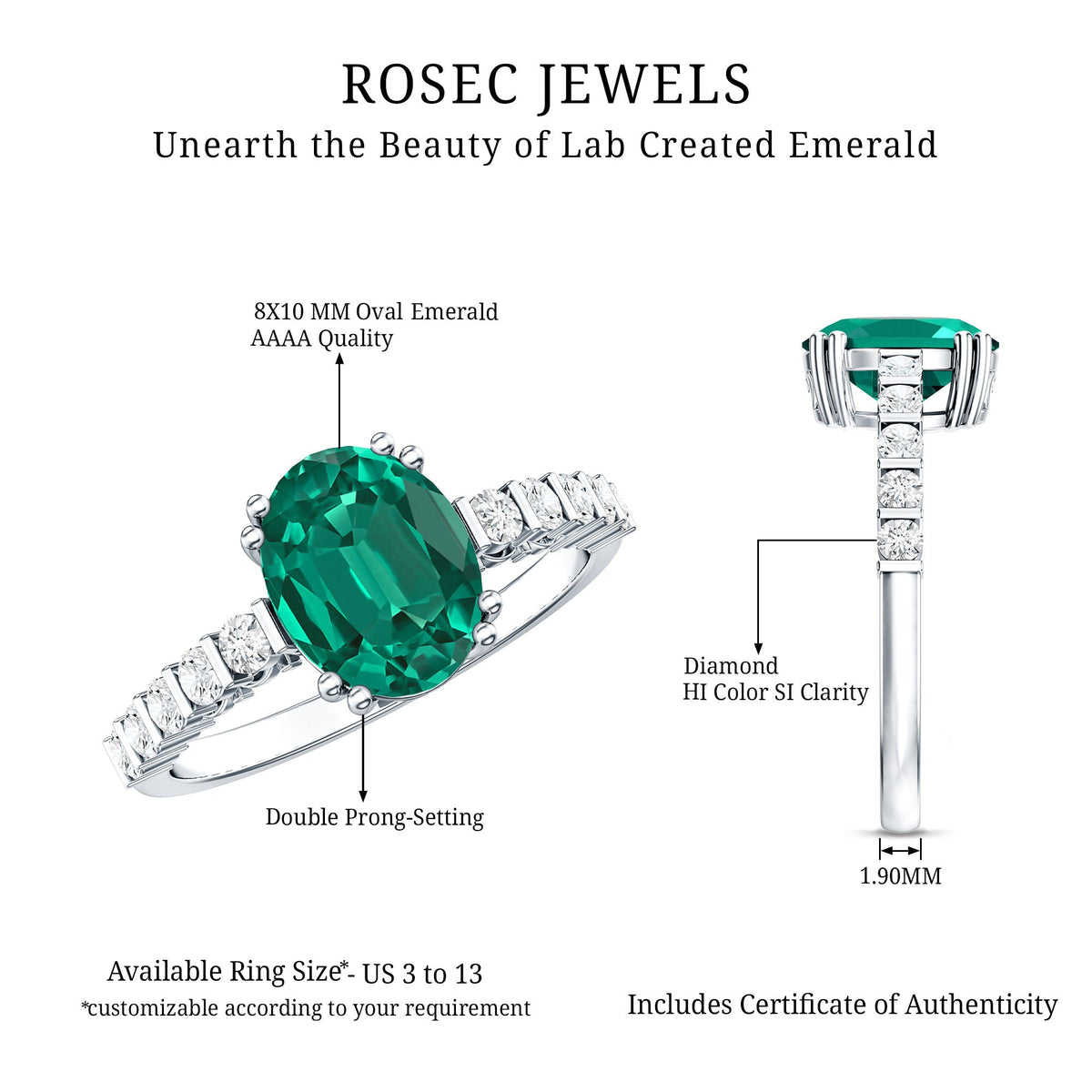 3 Carat Oval Cut Lab Created Emerald Solitaire Engagement Ring with Diamond