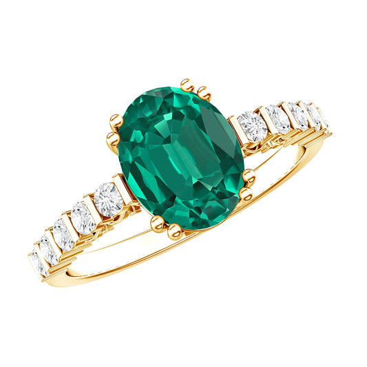 3 Carat Oval Cut Lab Created Emerald Solitaire Engagement Ring with Diamond