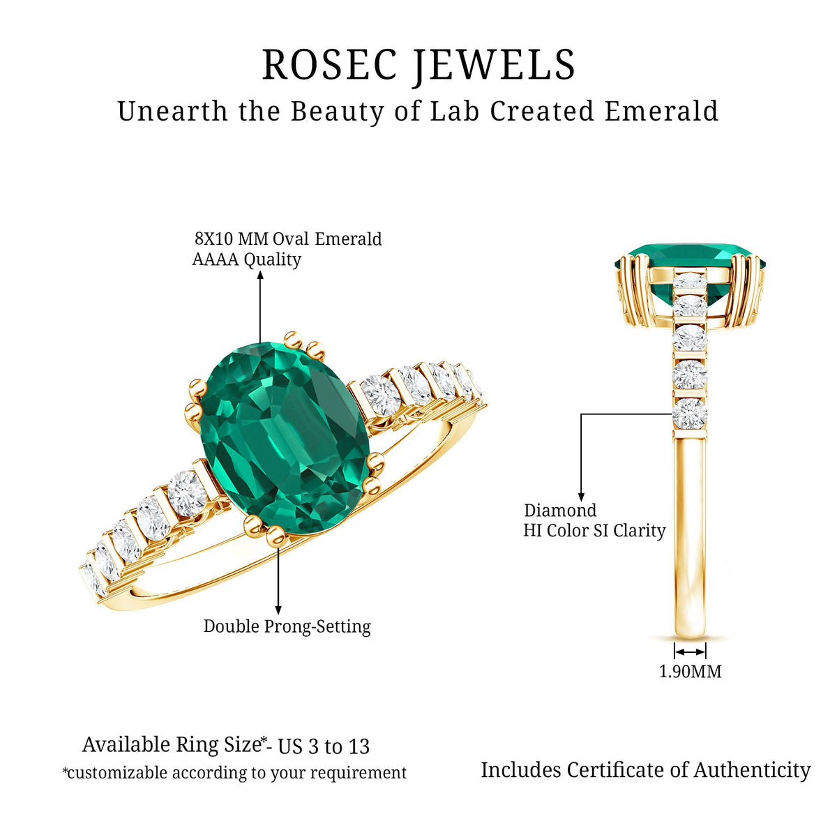 3 Carat Oval Cut Lab Created Emerald Solitaire Engagement Ring with Diamond