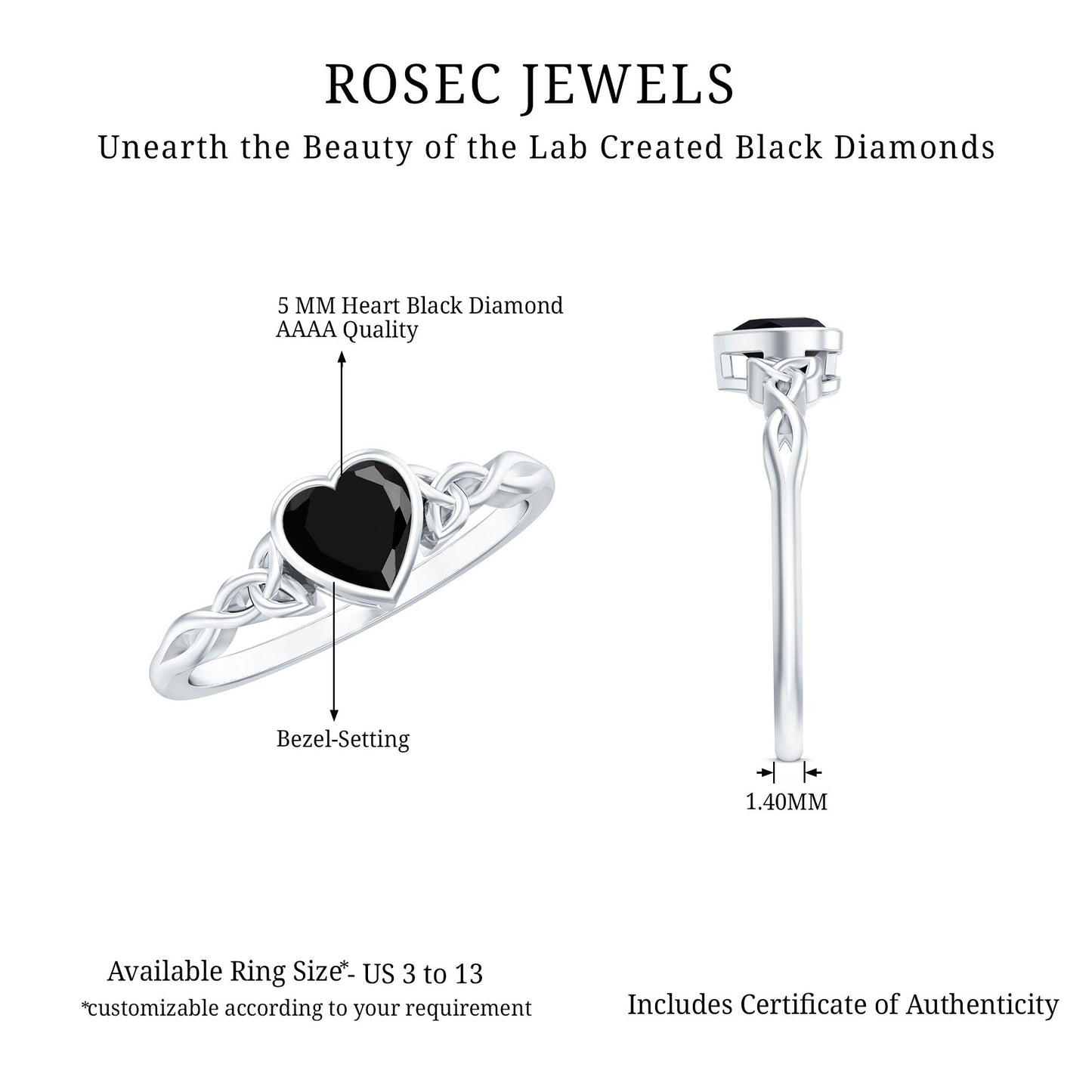Certified 0.6 Carat Lab Grown Black Diamond Heart Promise Ring with Celtic Knot