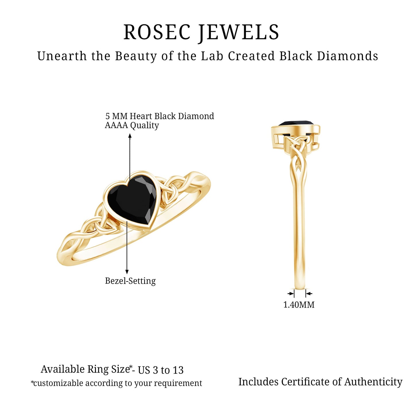 Certified 0.6 Carat Lab Grown Black Diamond Heart Promise Ring with Celtic Knot