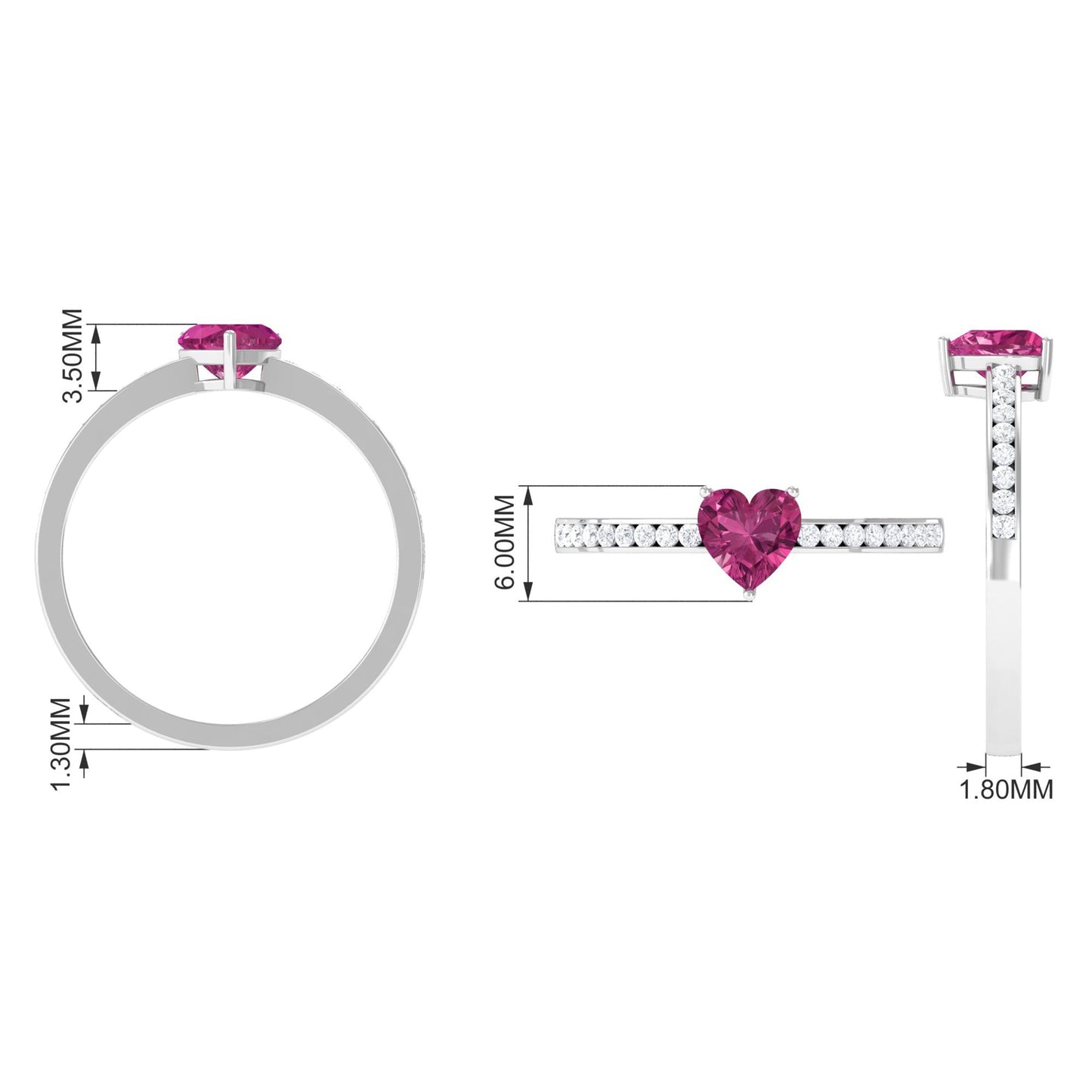 0.9 Carat Heart Shape Pink Tourmaline Solitaire Ring with Diamond Side Stones