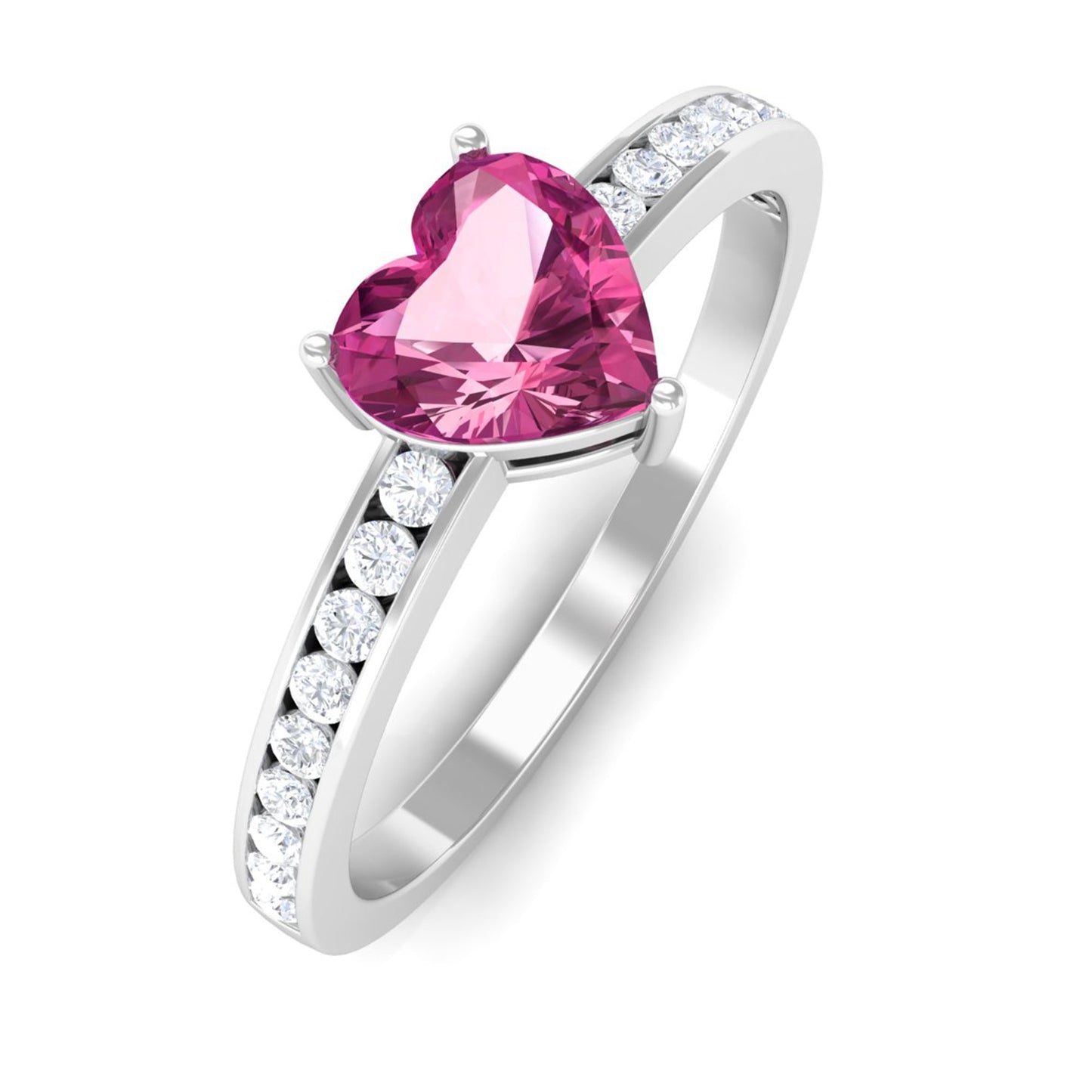 0.9 Carat Heart Shape Pink Tourmaline Solitaire Ring with Diamond Side Stones