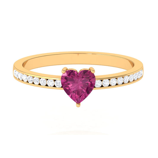 0.9 Carat Heart Shape Pink Tourmaline Solitaire Ring with Diamond Side Stones