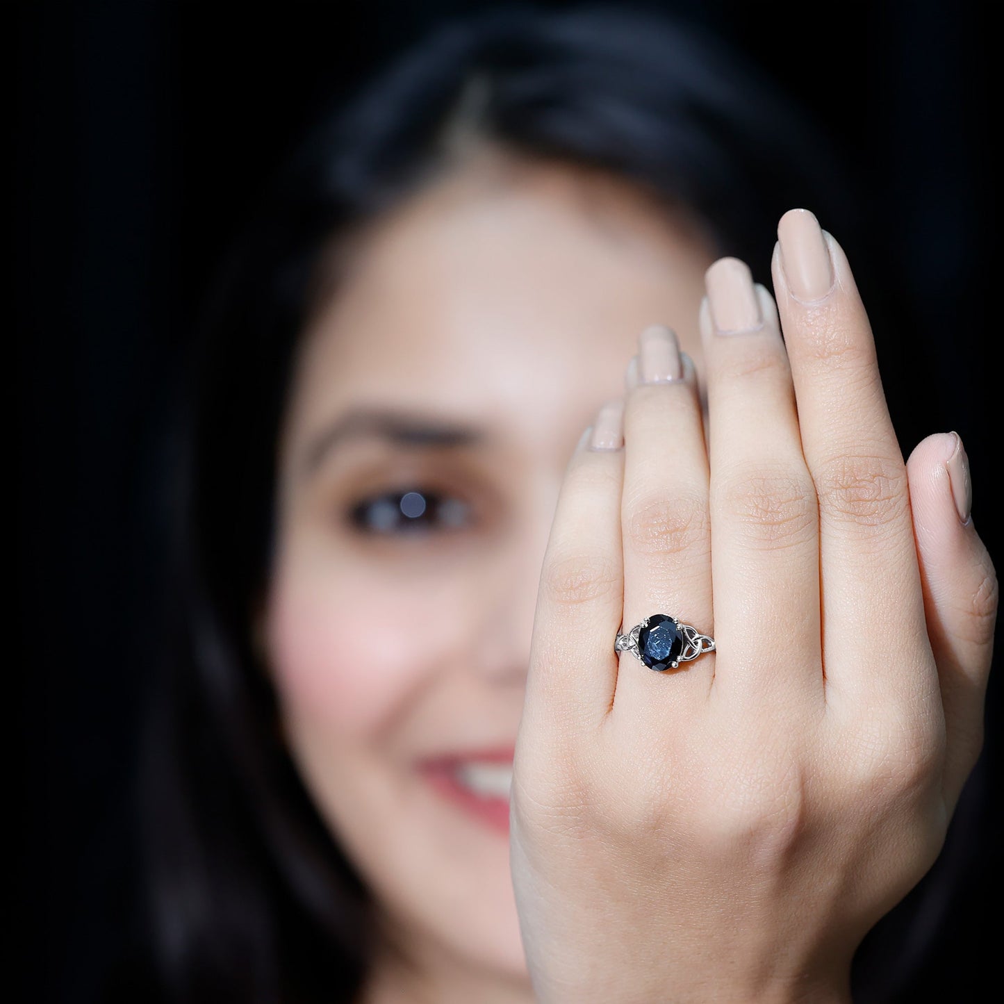 Natural 1.7 Carat Black Onyx Oval Engagement Ring with Celtic Knot