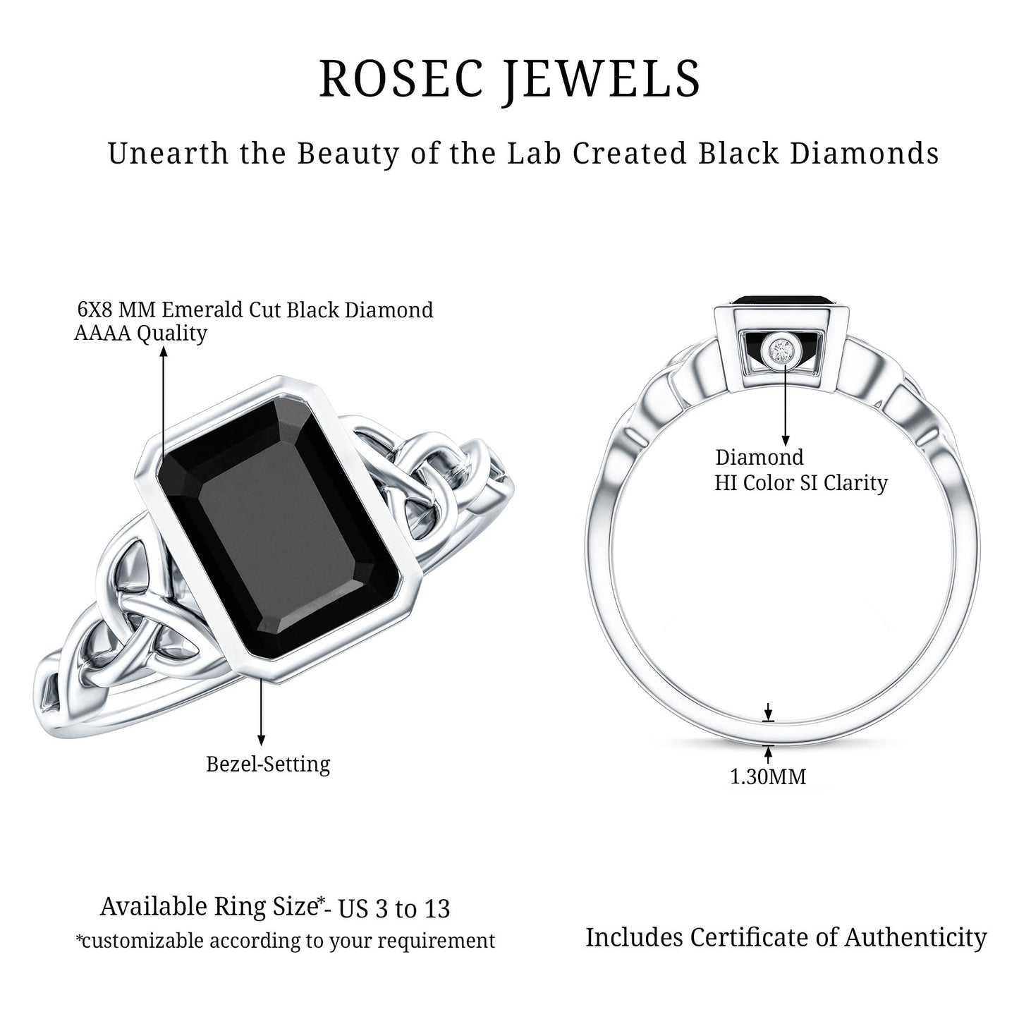 1.6 Carat Lab Grown Black Diamond Celtic Knot Engagement Ring with Surprise White Diamond
