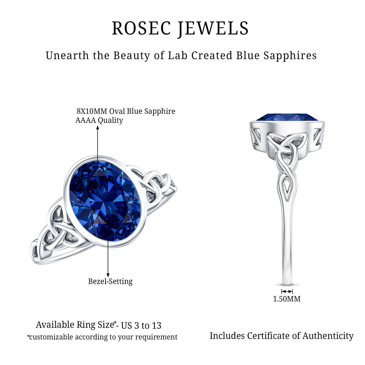 Certified 4 Carat Oval Lab Grown Blue Sapphire Bezel Set Engagement Ring