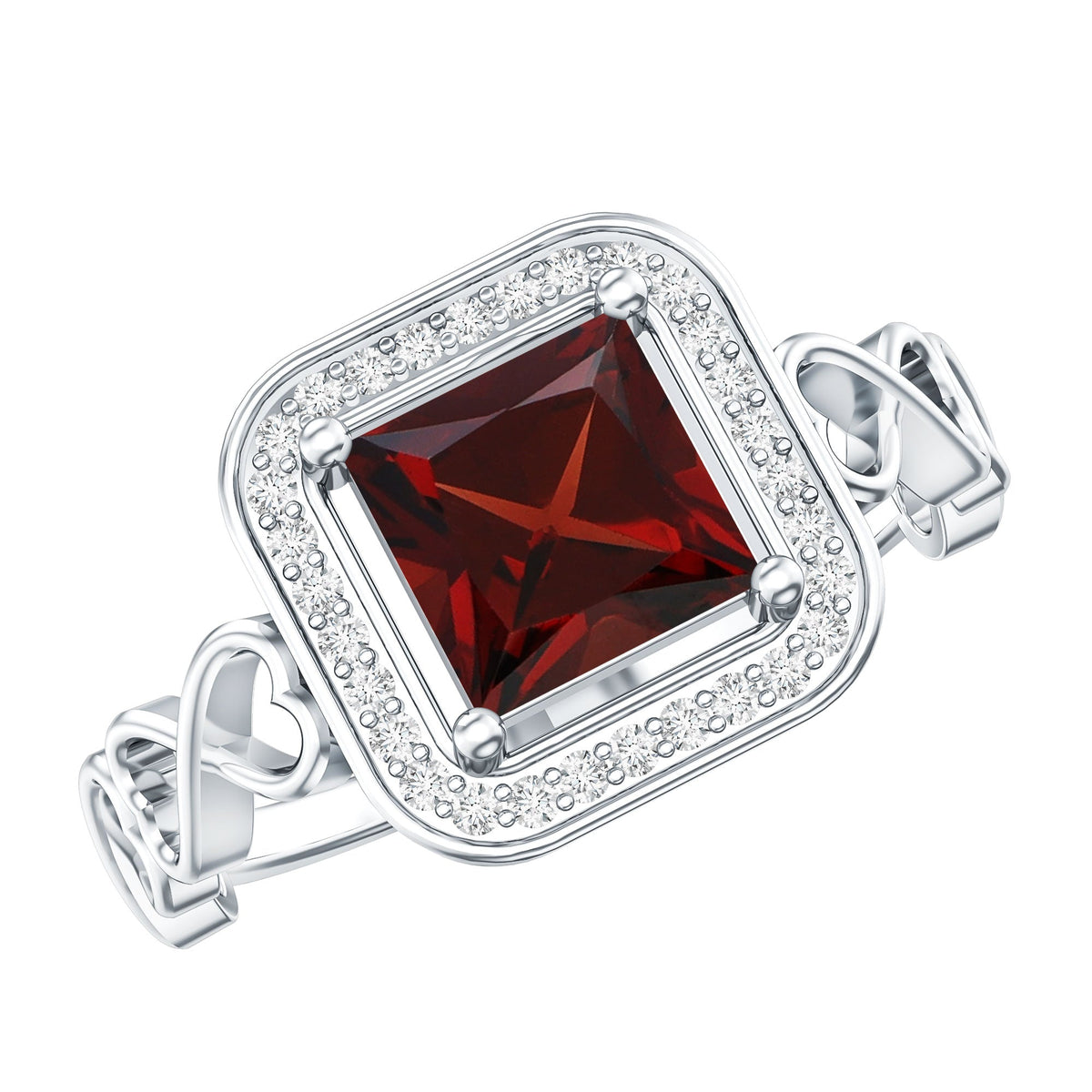 Real Princess Cut Garnet Diamond Engagement Ring with Infinity Heart Shank