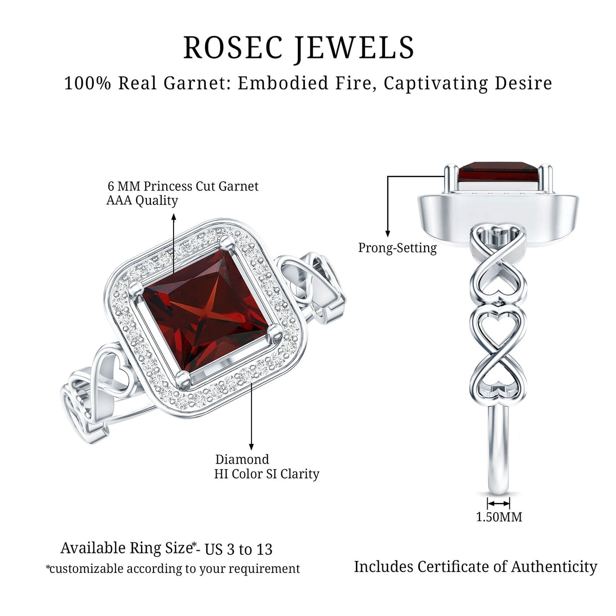 Real Princess Cut Garnet Diamond Engagement Ring with Infinity Heart Shank