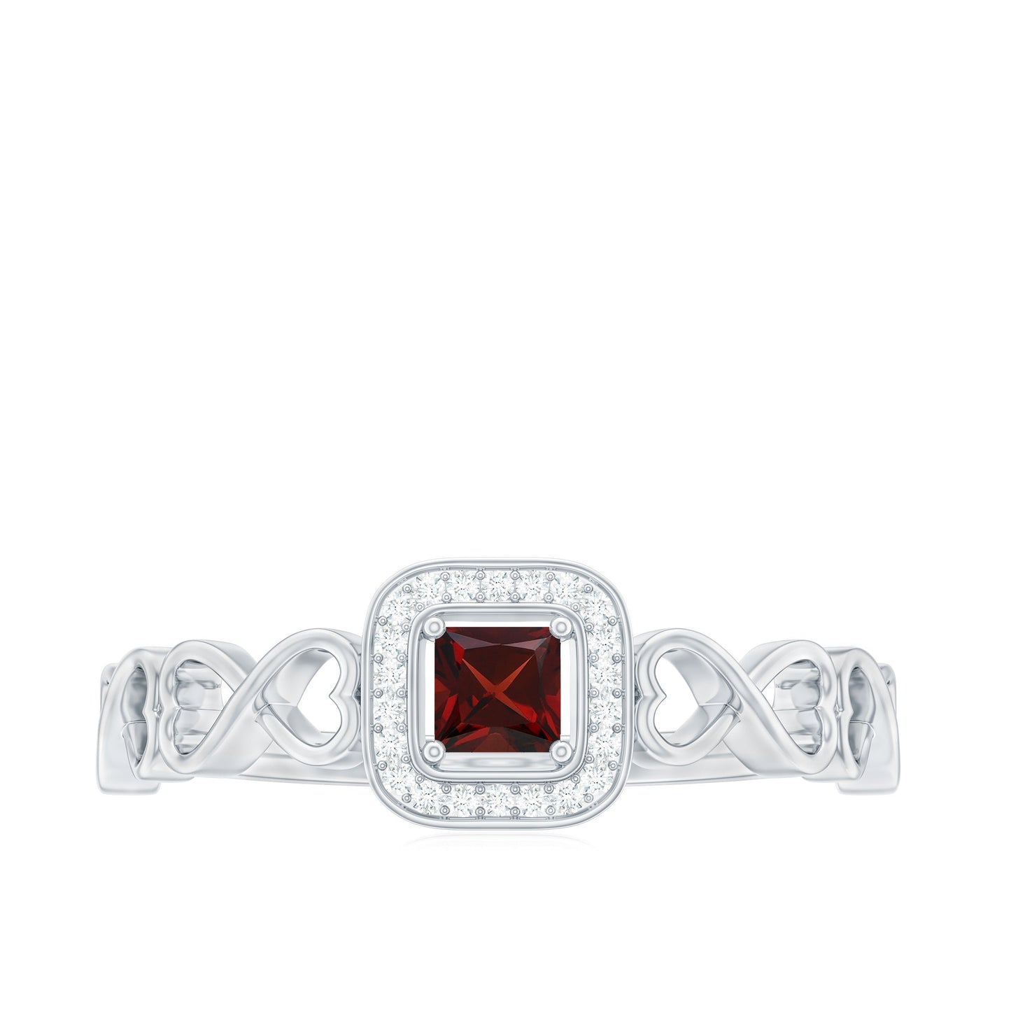 Real Princess Cut Garnet Diamond Engagement Ring with Infinity Heart Shank