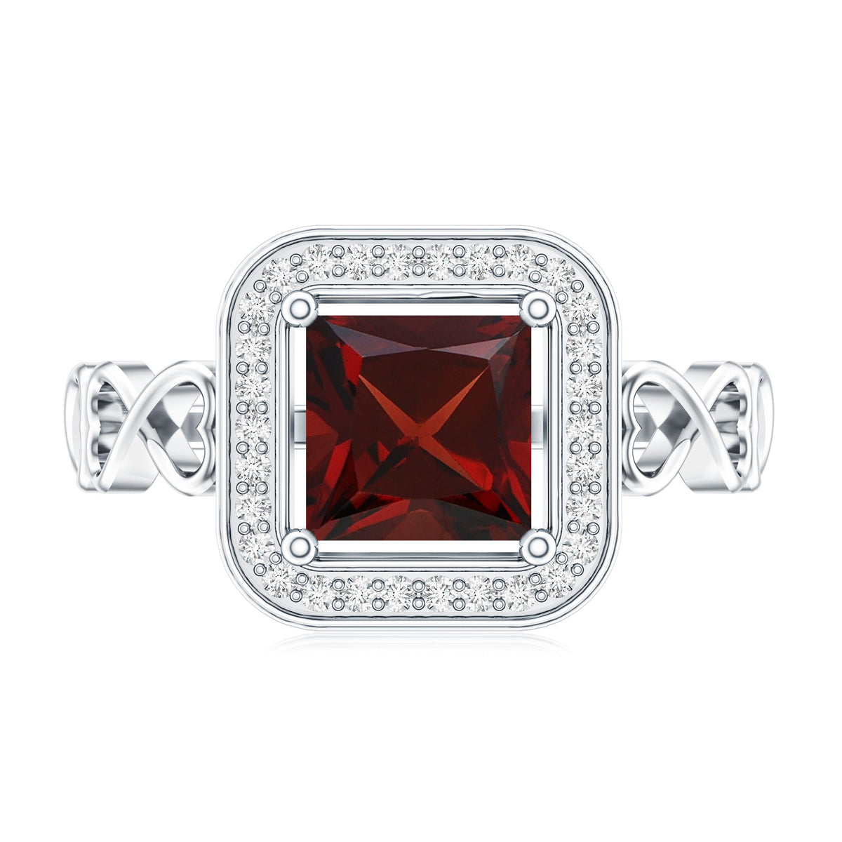 Real Princess Cut Garnet Diamond Engagement Ring with Infinity Heart Shank
