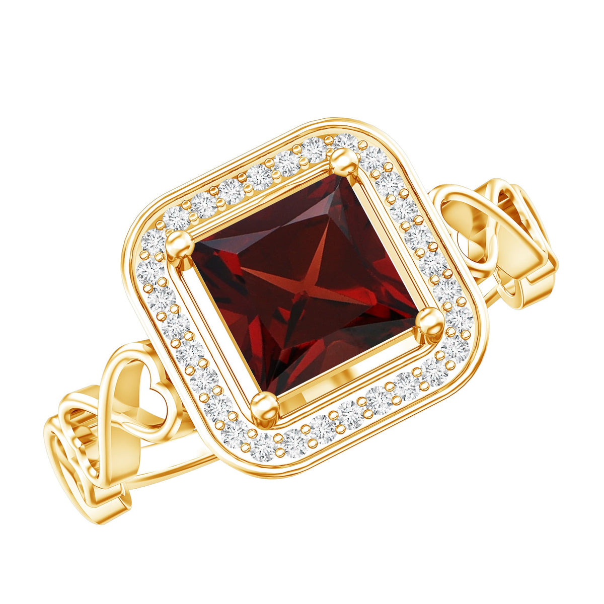 Real Princess Cut Garnet Diamond Engagement Ring with Infinity Heart Shank