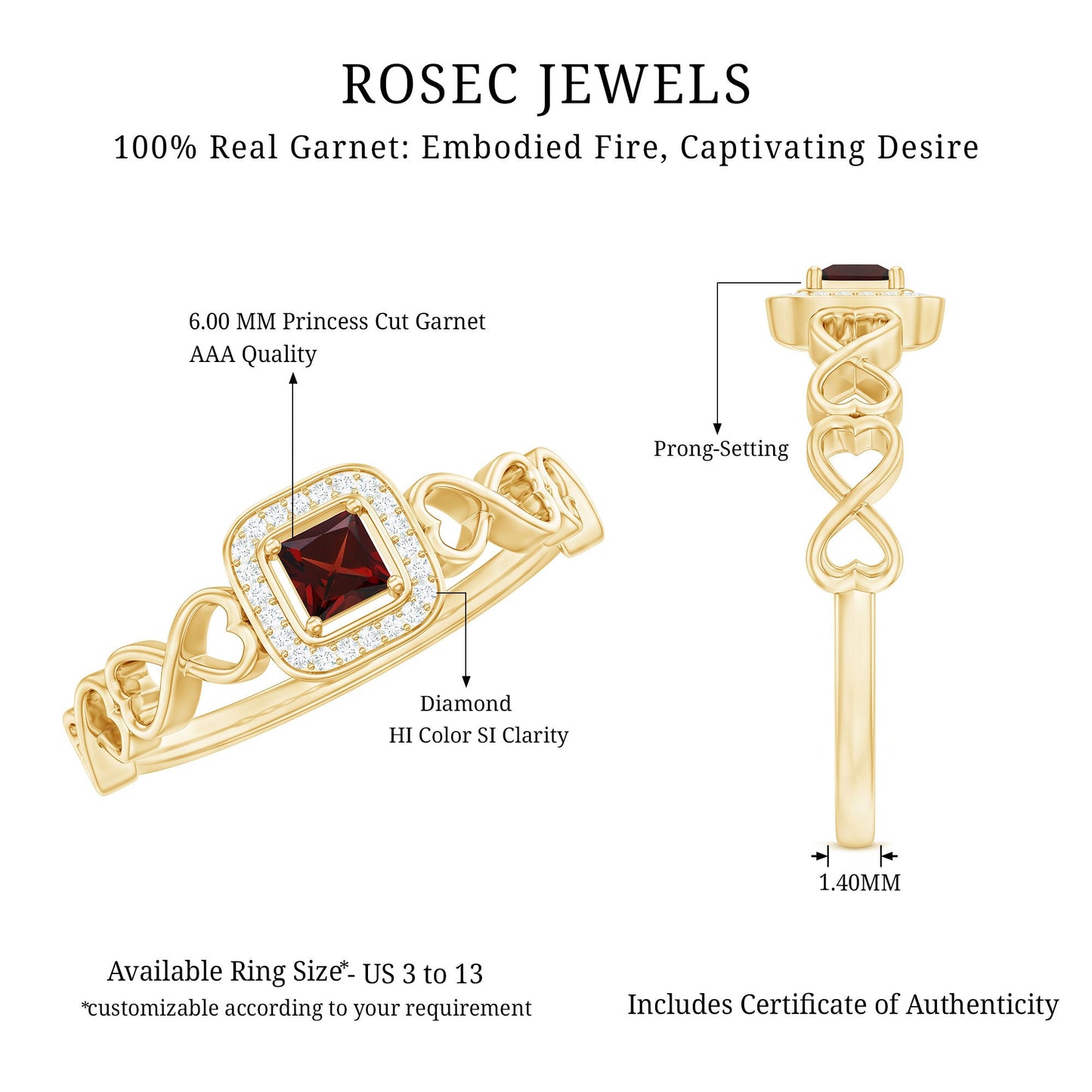 Real Princess Cut Garnet Diamond Engagement Ring with Infinity Heart Shank