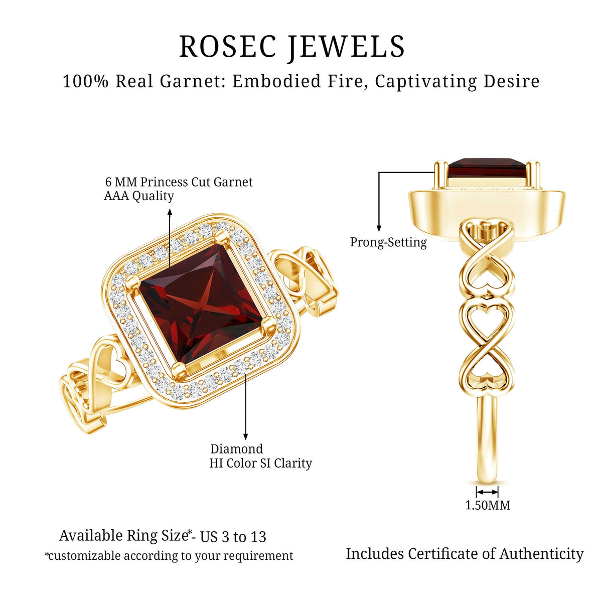 Real Princess Cut Garnet Diamond Engagement Ring with Infinity Heart Shank