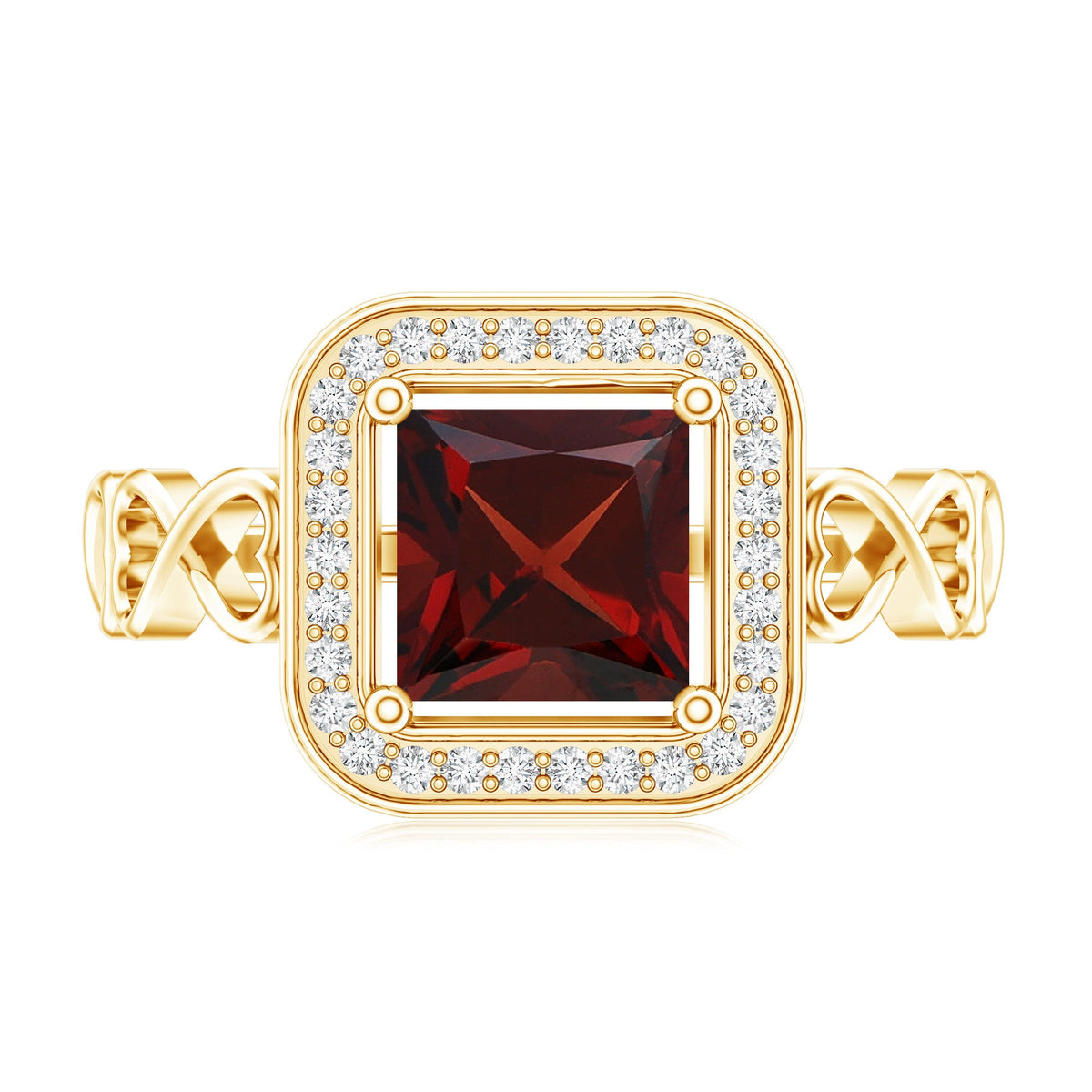 Real Princess Cut Garnet Diamond Engagement Ring with Infinity Heart Shank
