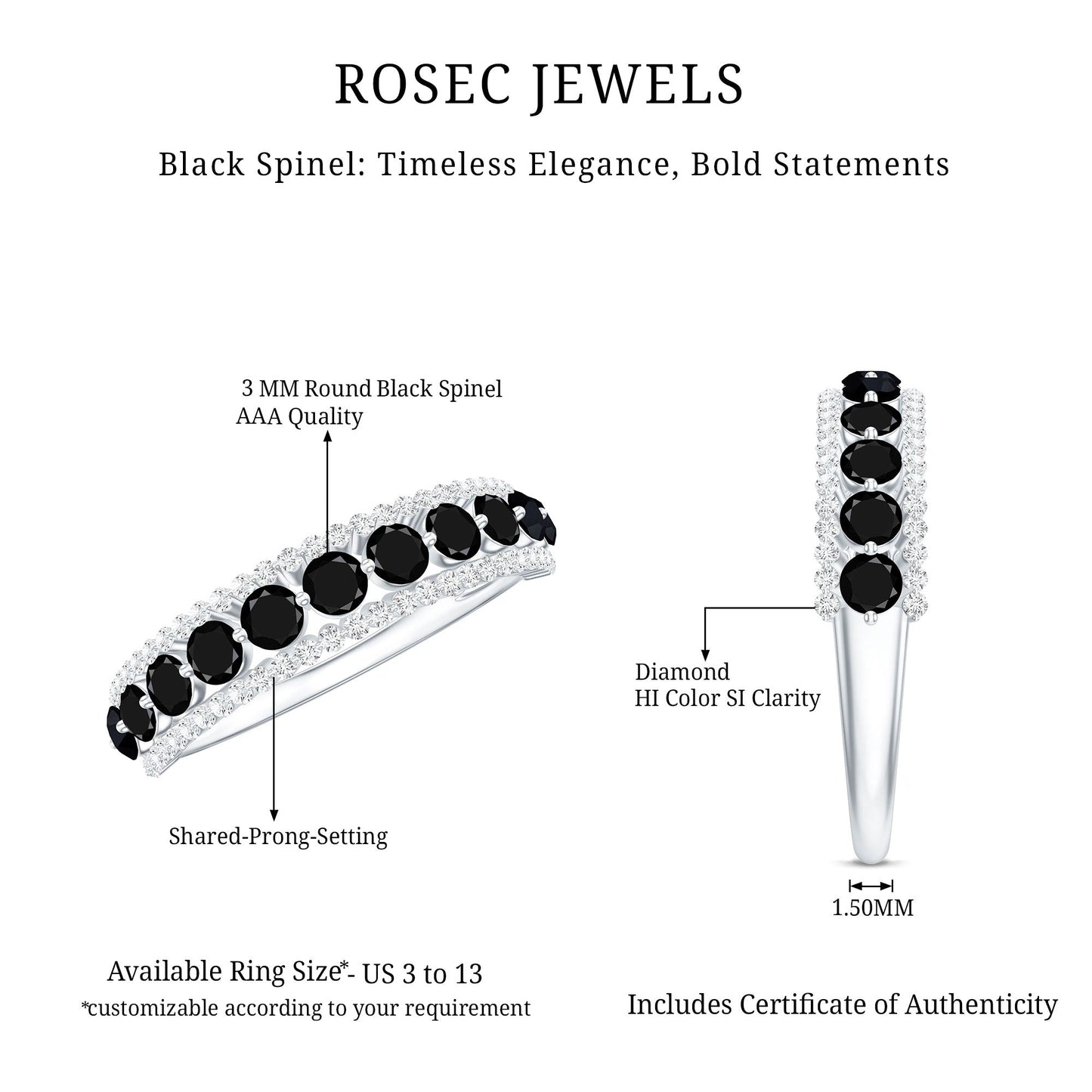 Natural Black Spinel Diamond Half Eternity Ring for Anniversary