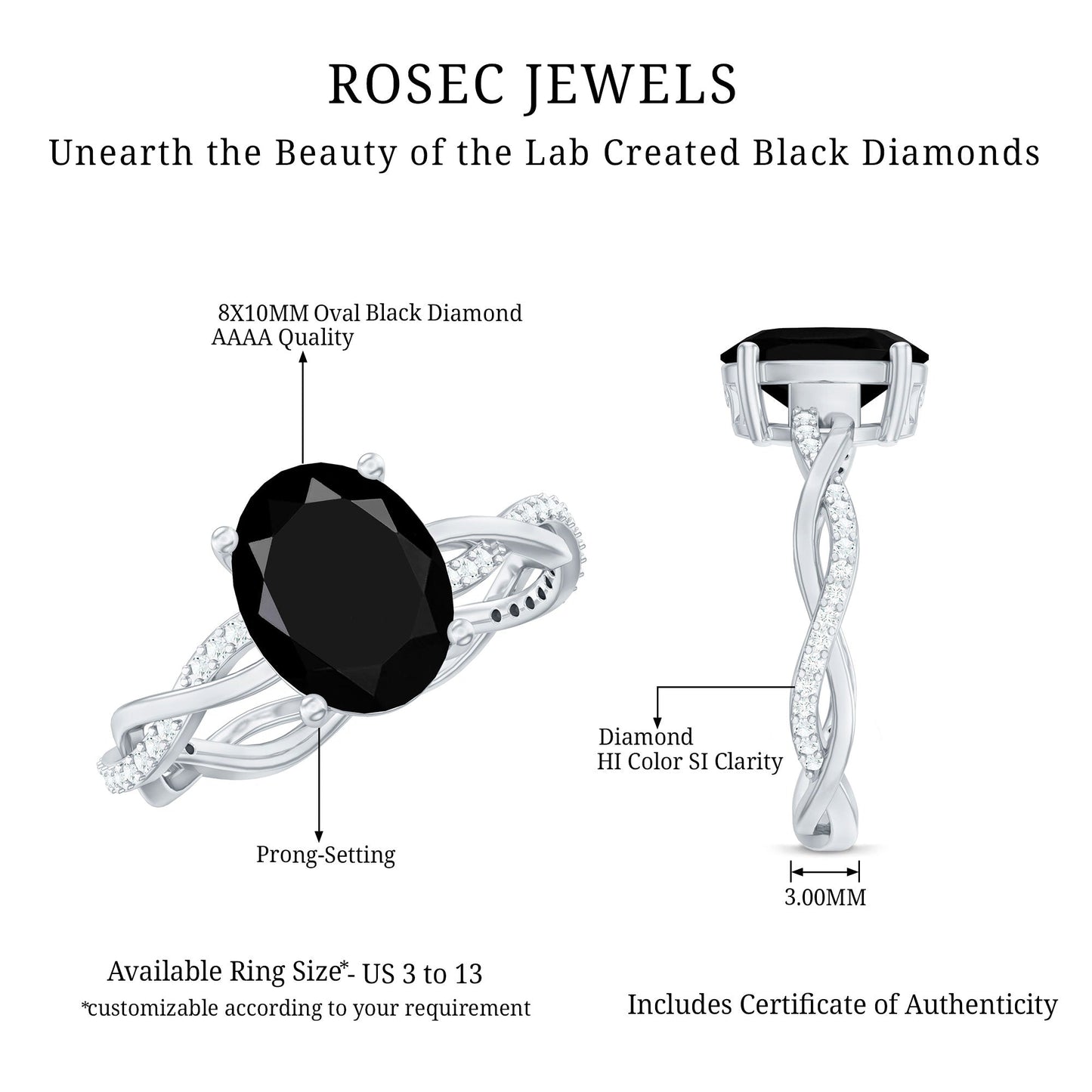 Certified 4.2 Carat Lab Grown Black Diamond Oval Engagement Ring with White Diamond