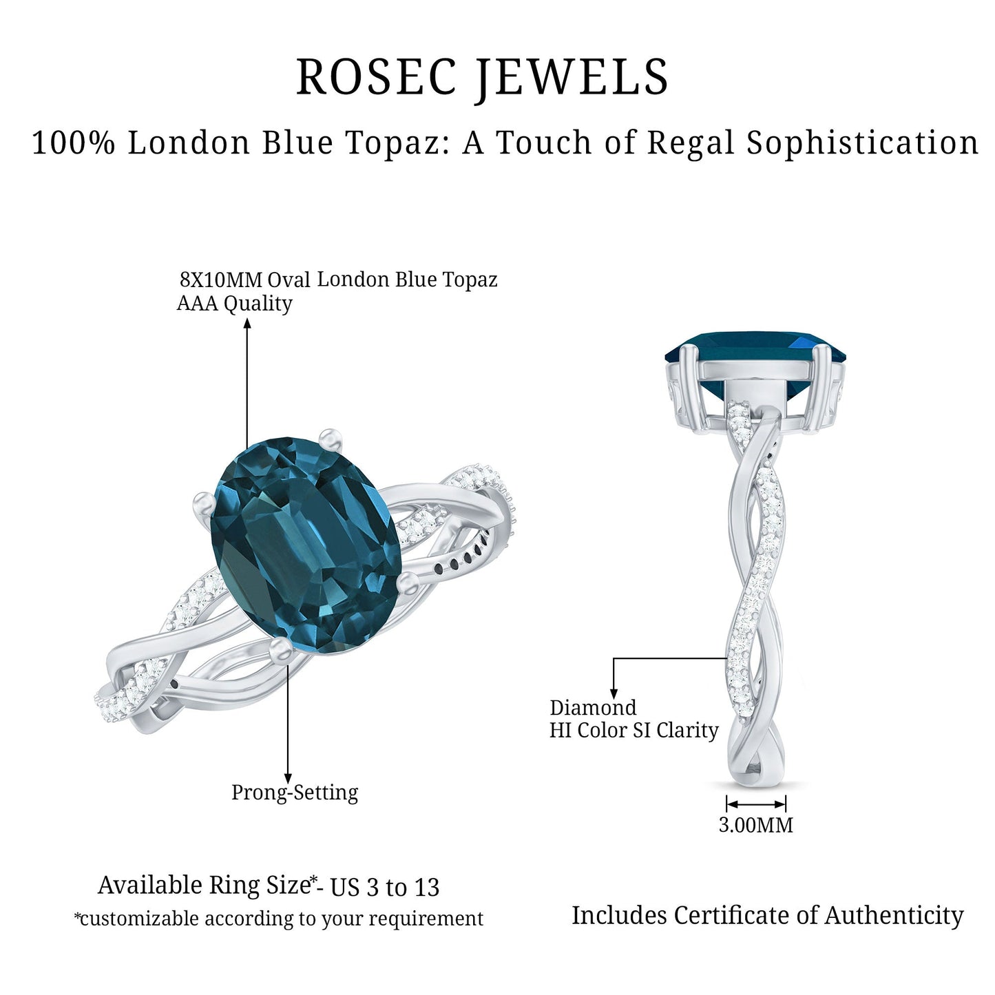 2.5 Carat Oval Cut London Blue Topaz Oblong Engagement Ring with Diamond