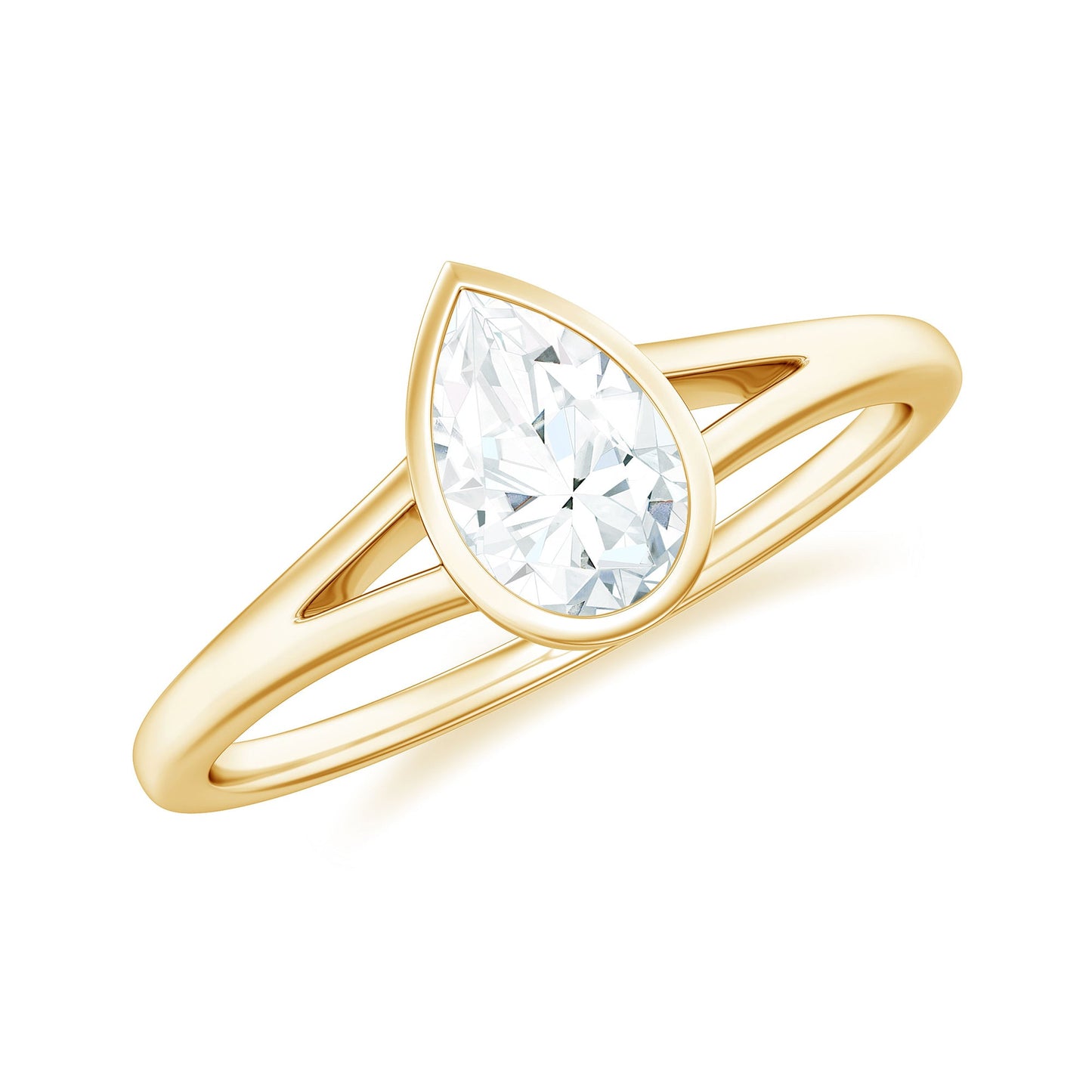Bezel Set Pear Shaped Moissanite Promise Ring in Split Shank