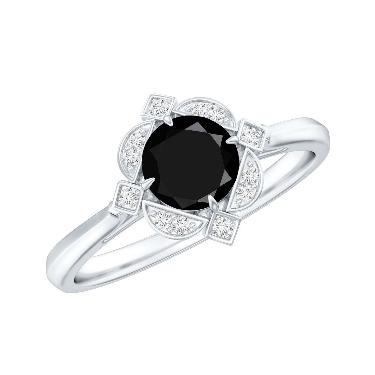 Vintage Style Black Spinel Engagement Ring with Diamond