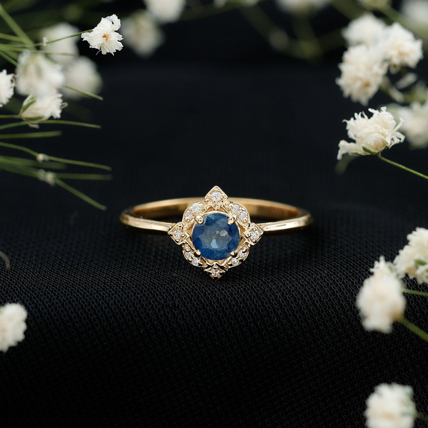 Vintage Style 0.9 Carat Blue Sapphire Engagement Ring with Diamond Halo