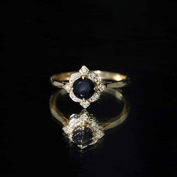 Round Cut Black Onyx and Diamond Flower Engagement Ring