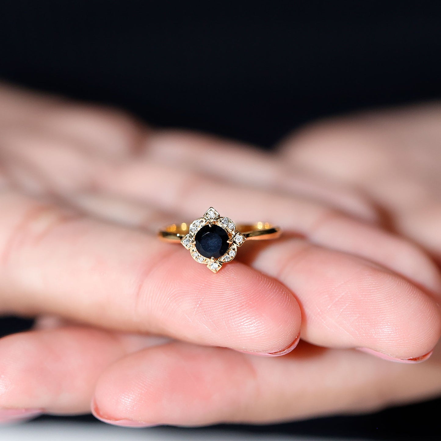 Round Cut Black Onyx and Diamond Flower Engagement Ring