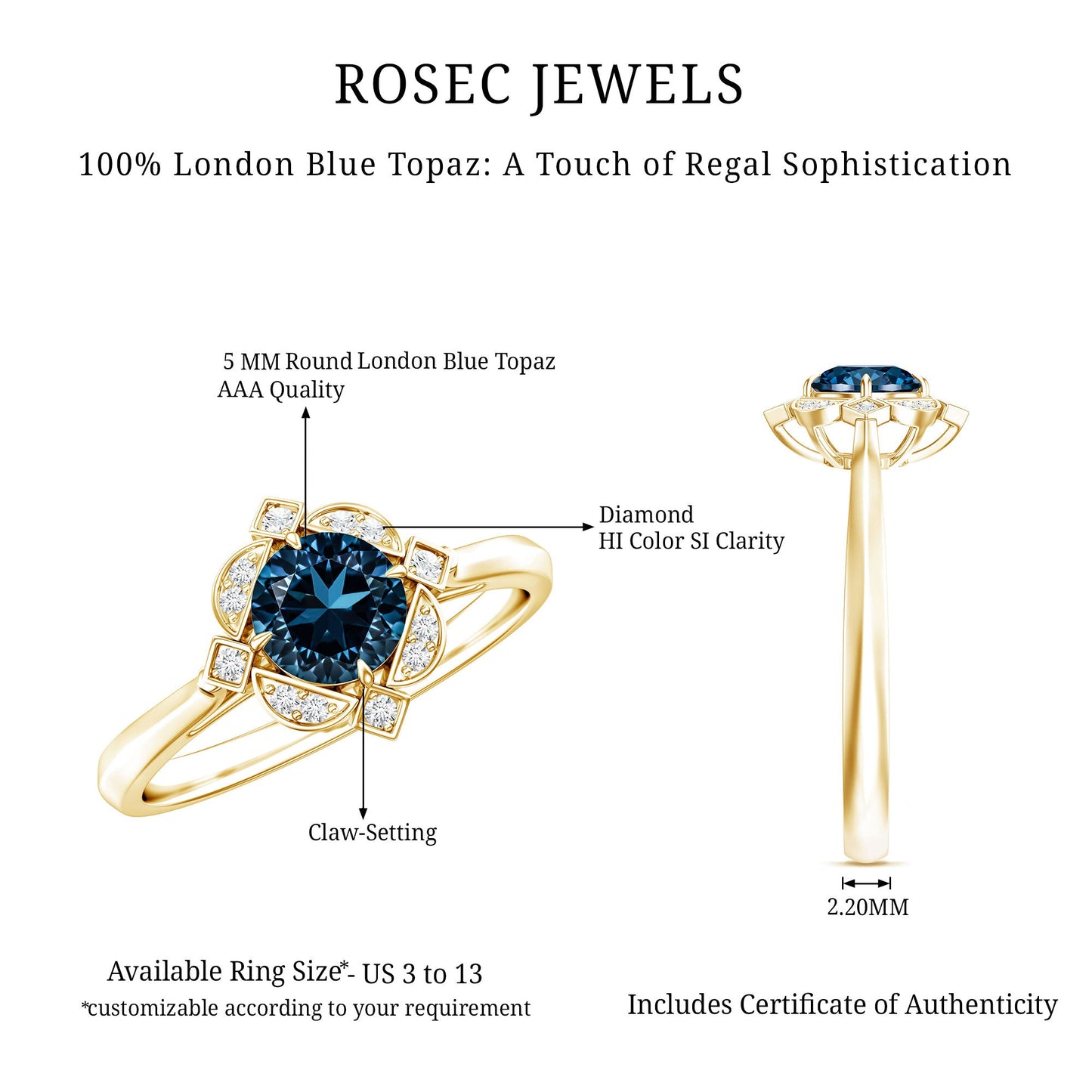Round Cut London Blue Topaz and Diamond Flower Engagement Ring