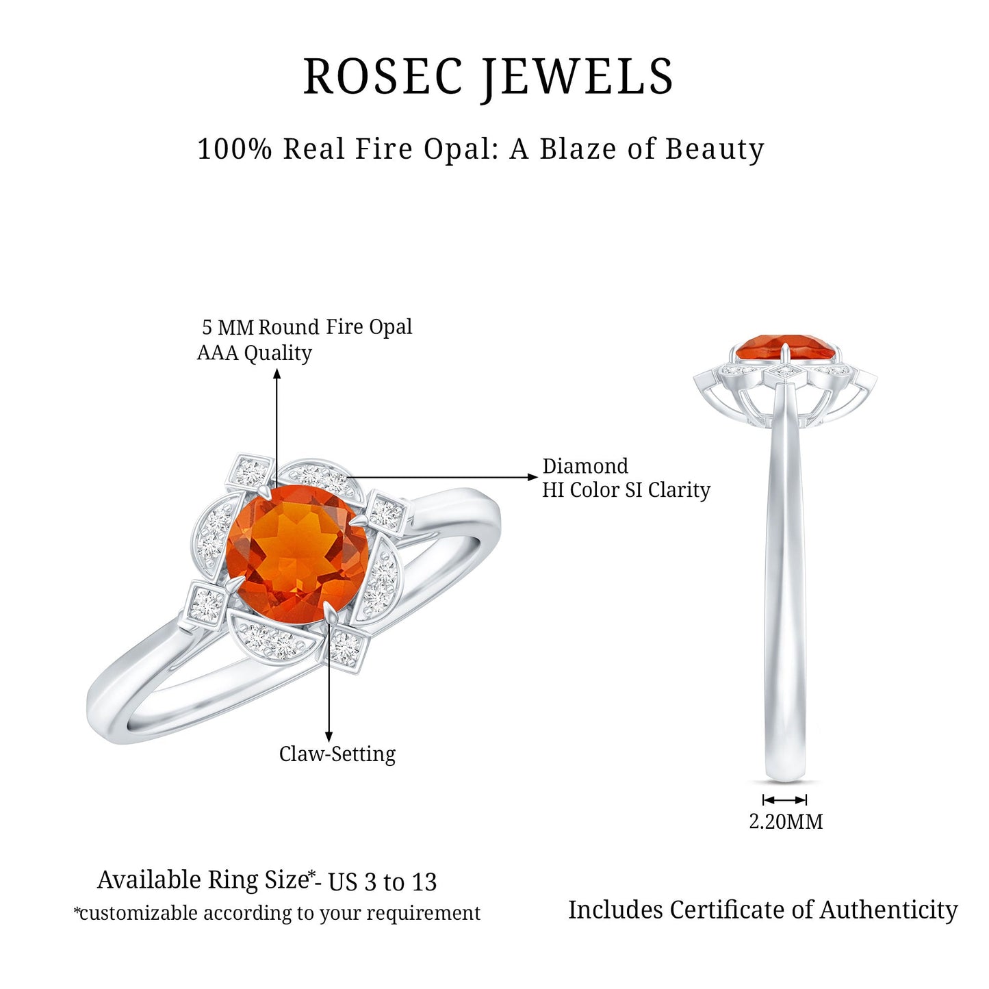 0.4 Carat Vintage Fire Opal and Diamond Engagement Ring