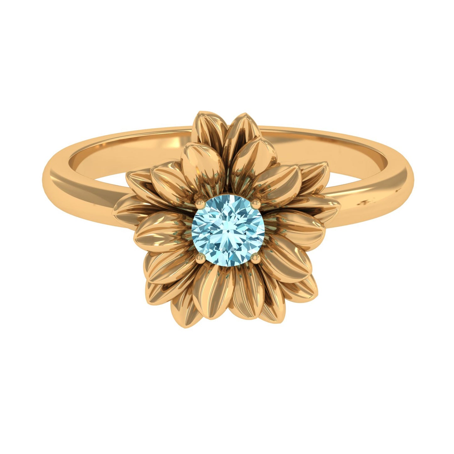 Round Cut Real Aquamarine Flower Engagement Ring